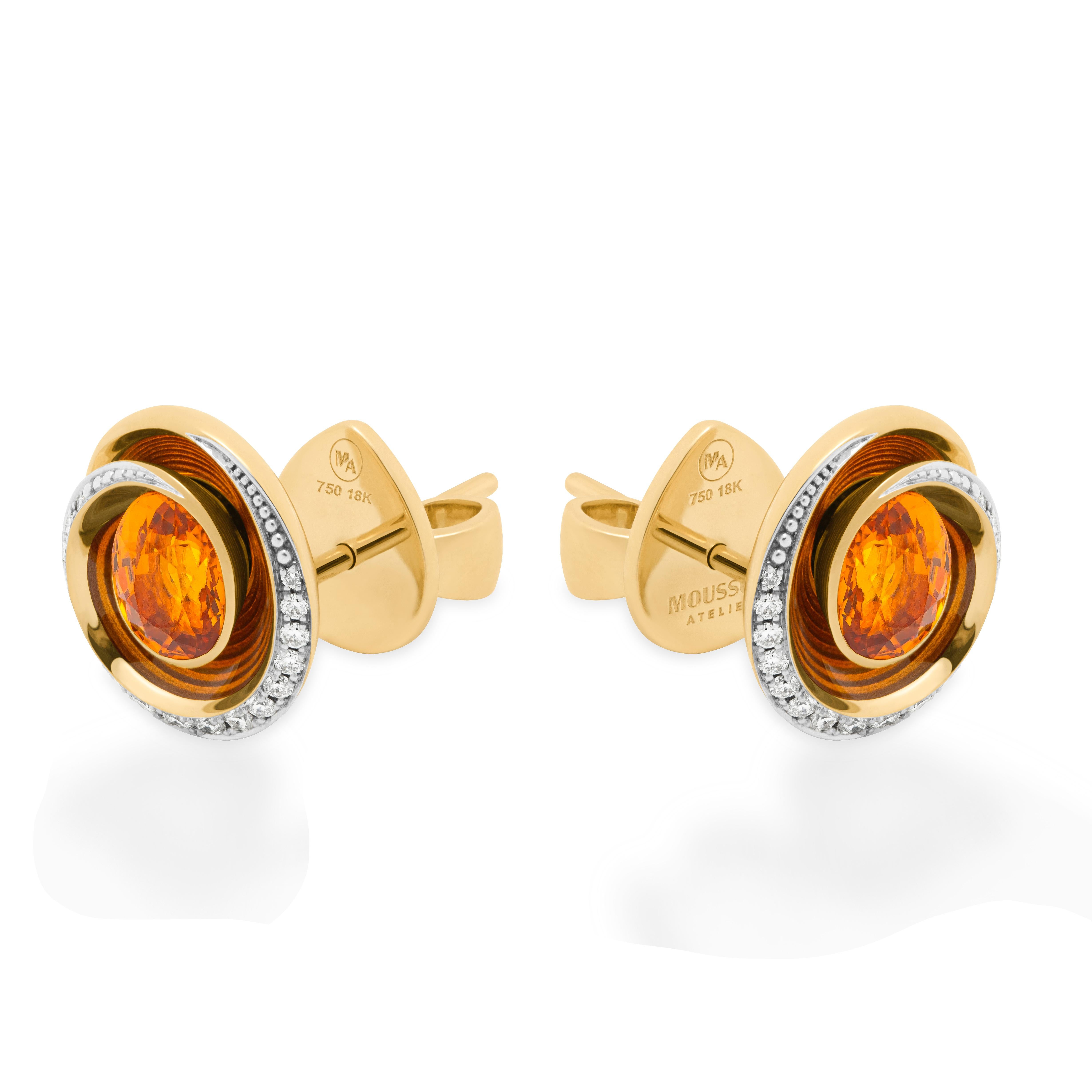 Ohrringe aus 18 Karat Gelbgold mit Spessartin-Diamanten und Emaille in Melt-Farben (Zeitgenössisch) im Angebot