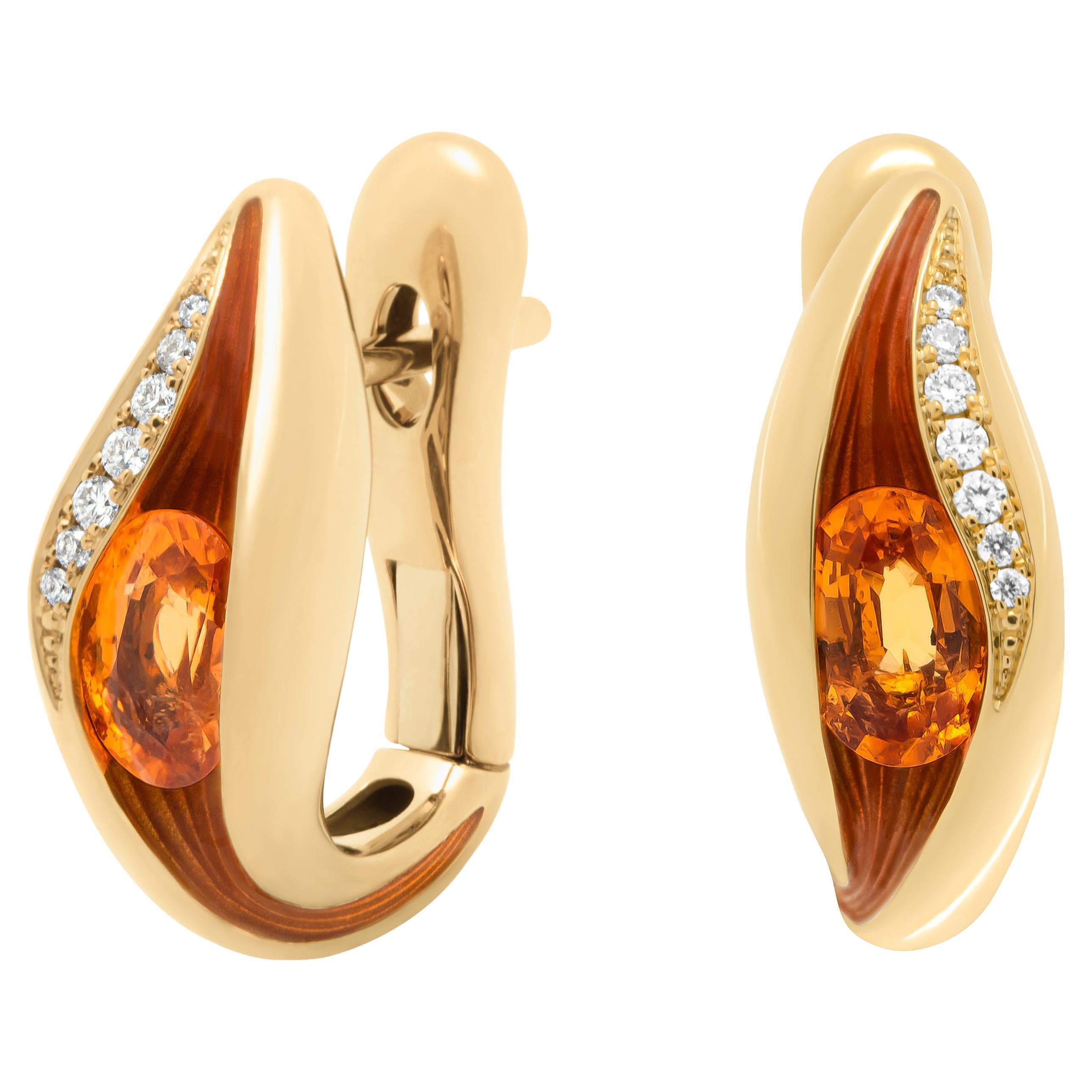 Ohrringe aus 18 Karat Gelbgold mit Spessartin-Diamanten und Emaille in Melt-Farben