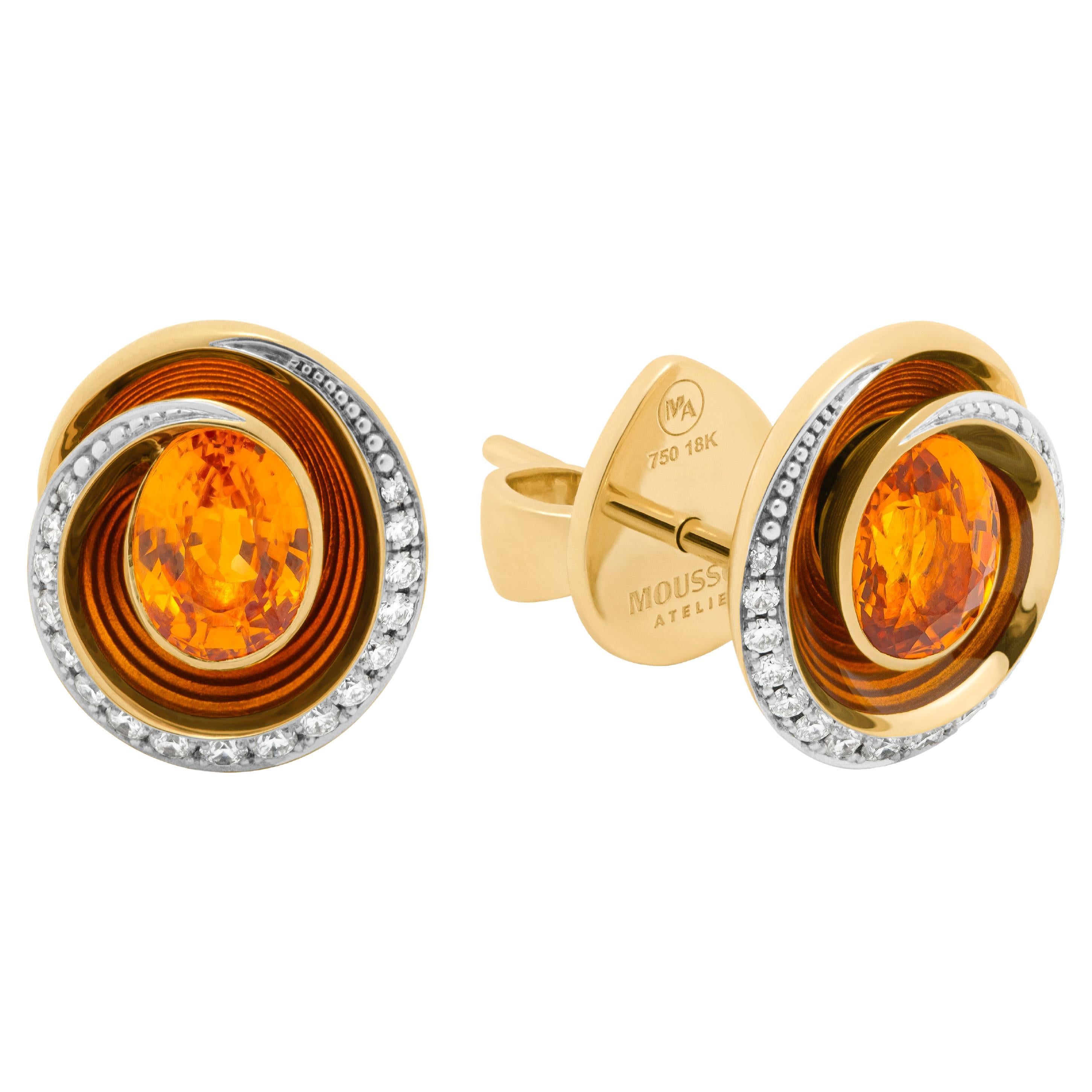 Ohrringe aus 18 Karat Gelbgold mit Spessartin-Diamanten und Emaille in Melt-Farben
