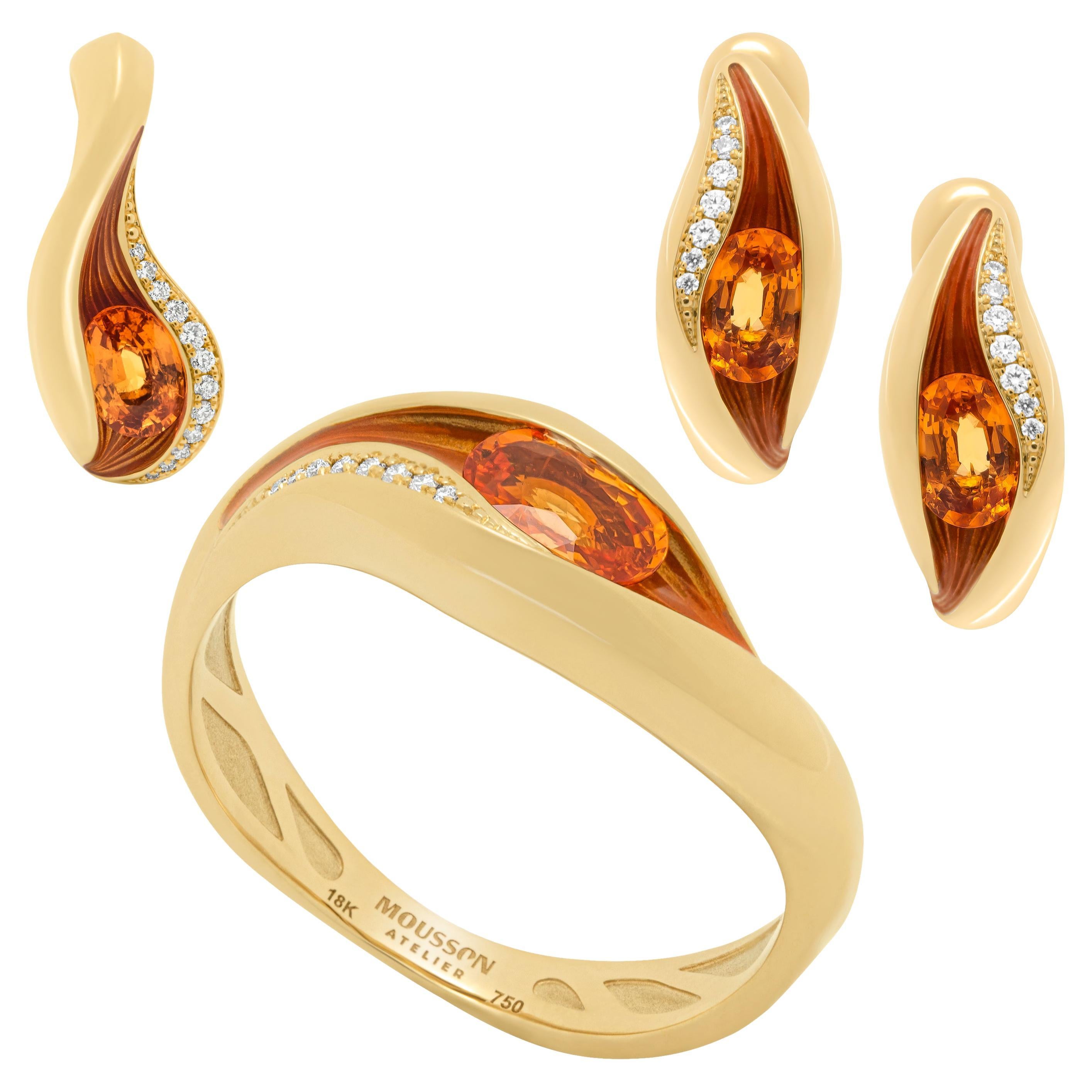 Spessartine Diamonds Enamel 18 Karat Yellow Gold Melted Colors Suite For Sale