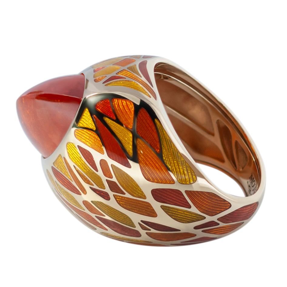 Spessartine Garnet 16.71 Carat Enamel 18 Karat Yellow Gold Ring

A riot of yellow and orange colors, warm of citrus tea on a rainy autumn day, a smoldering log in the fireplace of a country house, all of this is our stunning Ring. Take a look at