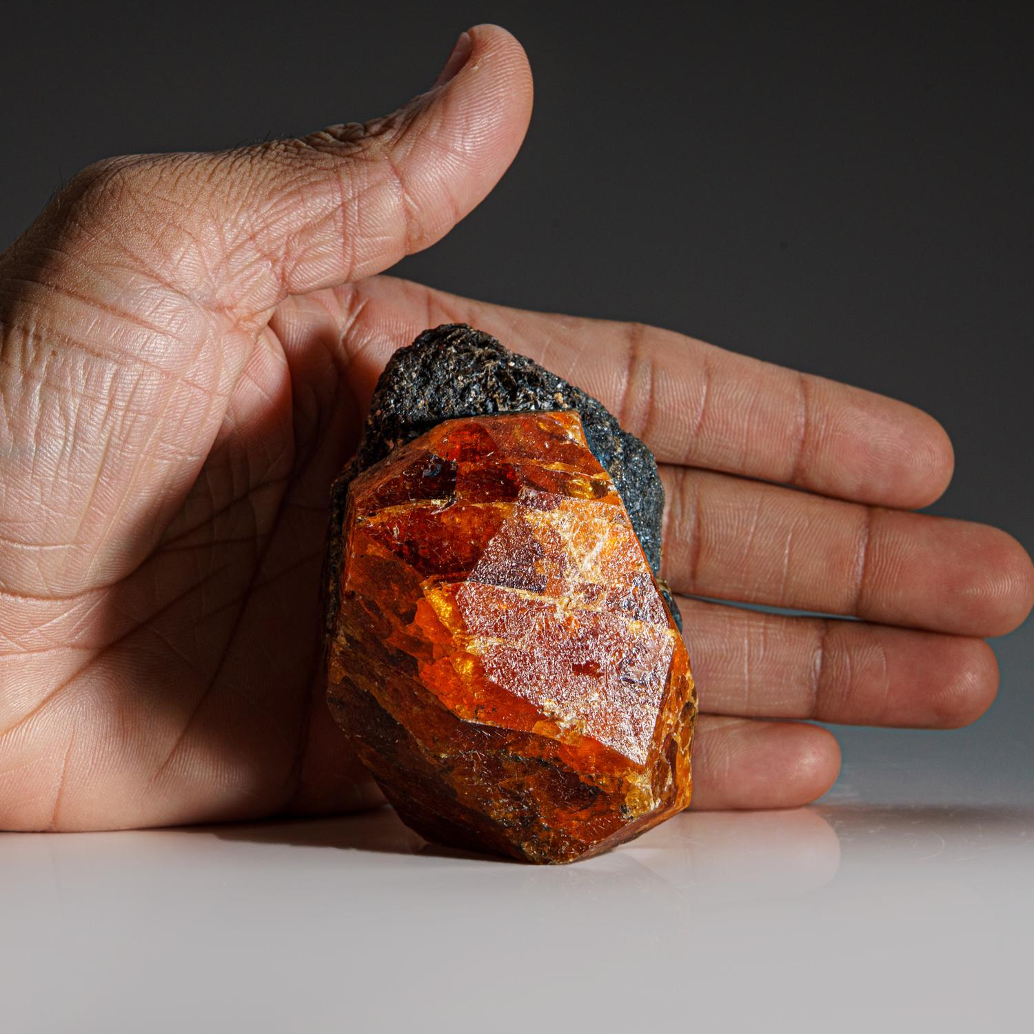 From Nani Hill, Loliondo, Ngorongoro district, Arusha, Tanzania

Large trapezohedral crystal of transparent orange spessartine garnet with no matrix attached. Has lustrous faces with well defined edges.
 

Weight: 433.9 grams, Dimensions: 3 x 2 x 2