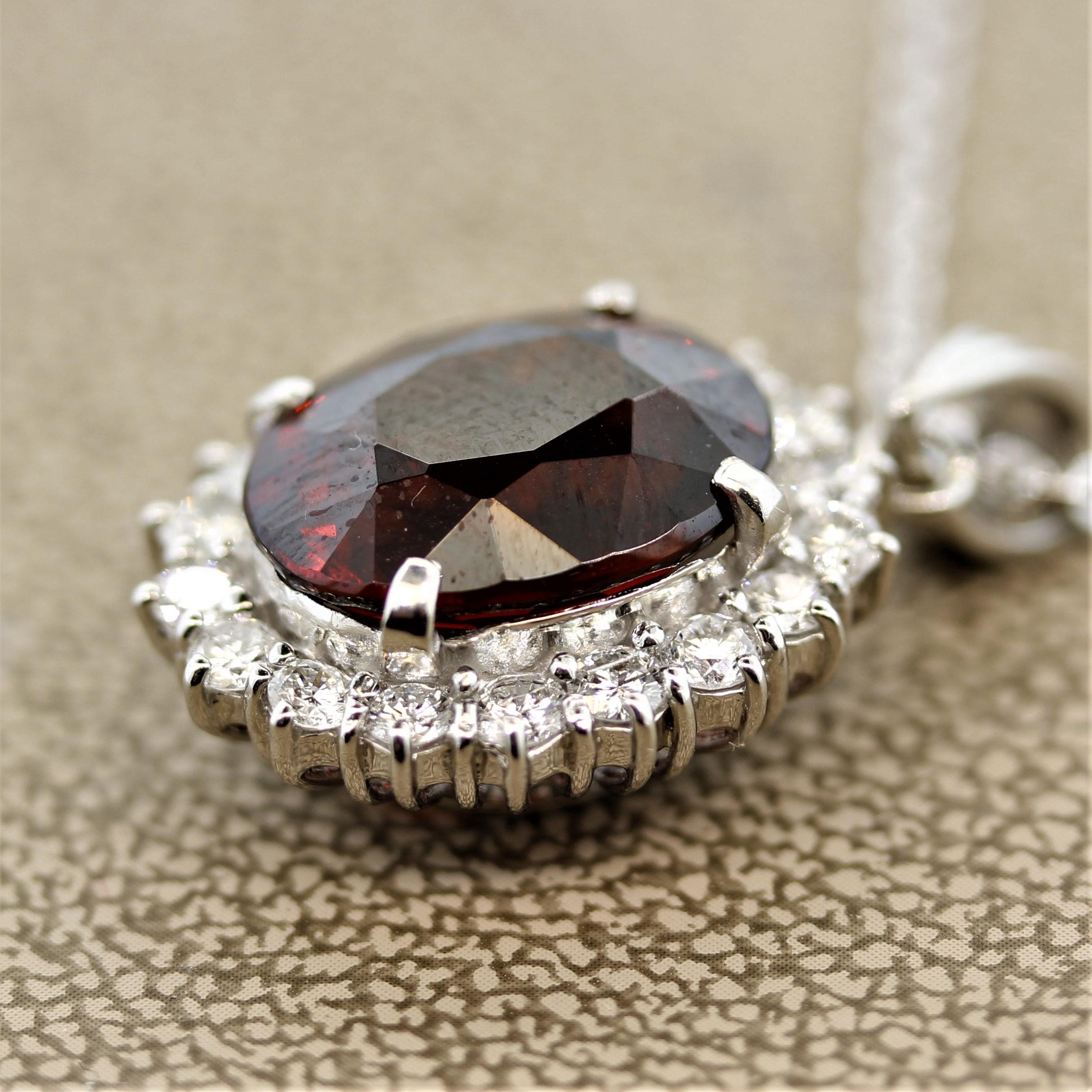 Oval Cut Spessartine Garnet Diamond Halo Platinum Pendant For Sale