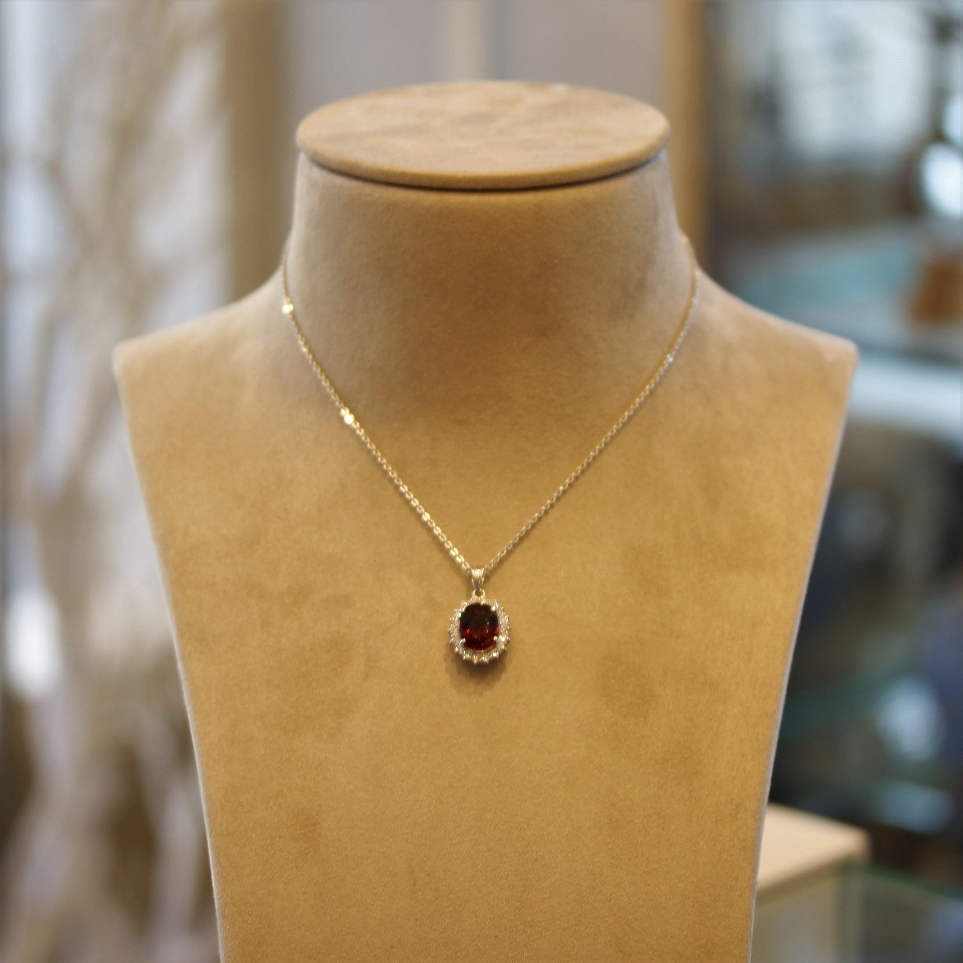 Pendentif halo en platine avec grenat spessartine et diamants en vente 2