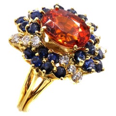 Anillo Cóctel Granate Zafiro Diamante Oro Amarillo 18 Kilates