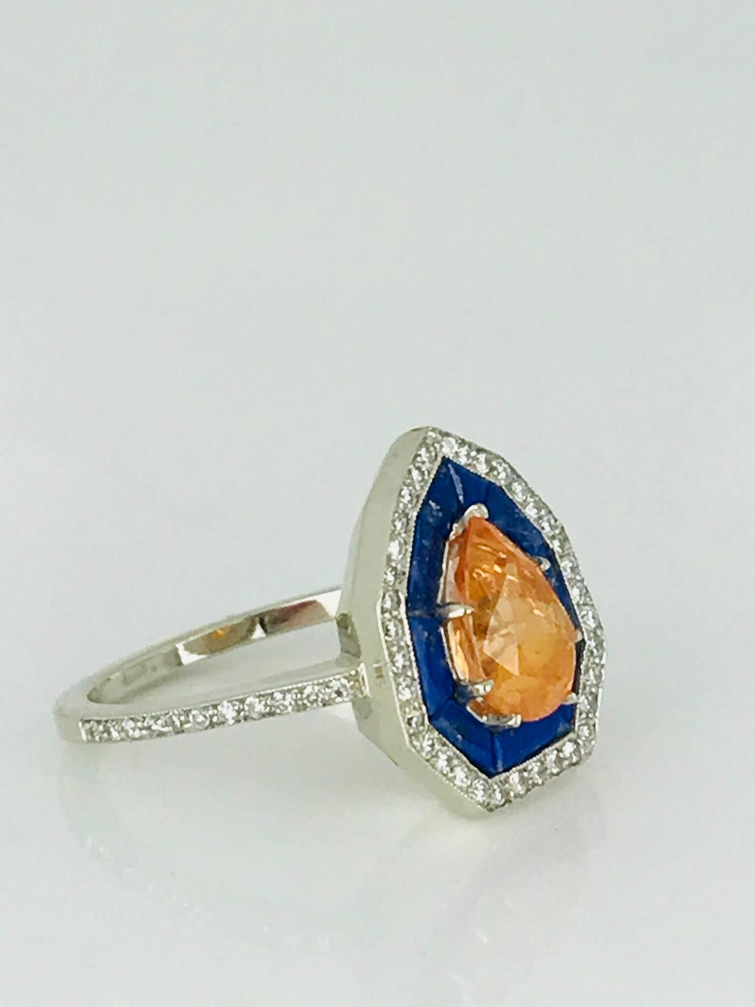 Pear Cut Spessartine Malaia Garnet, Lapis Lazuli, Diamond Halo, Art Deco Ring For Sale