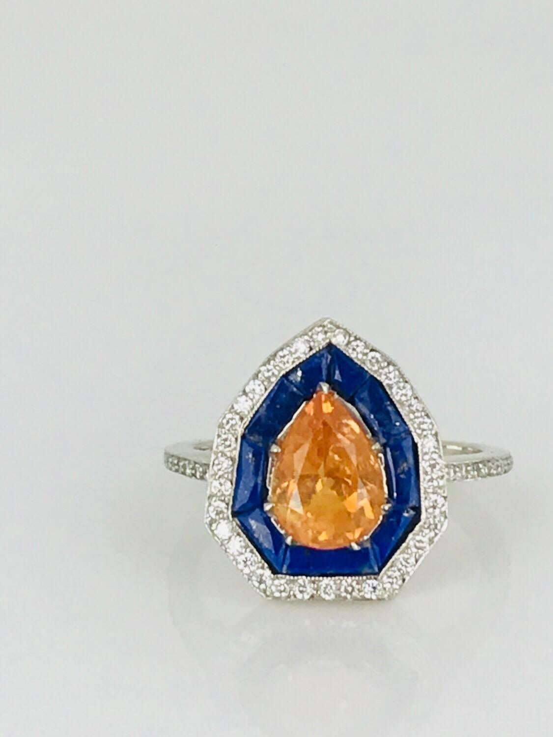 Spessartine Malaia Garnet, Lapis Lazuli, Diamond Halo, Art Deco Ring In New Condition For Sale In Aliso Viejo, CA
