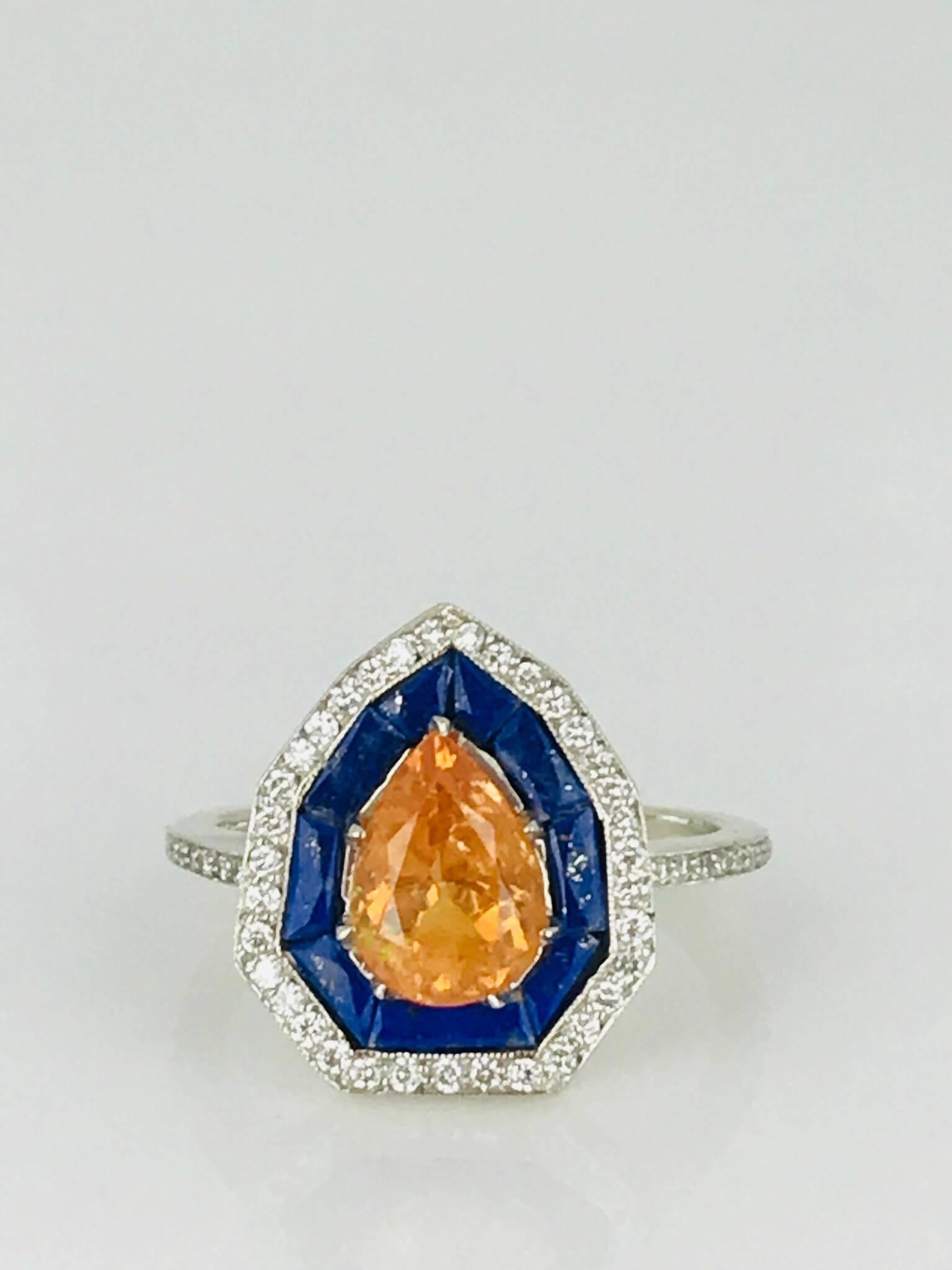 Women's Spessartine Malaia Garnet, Lapis Lazuli, Diamond Halo, Art Deco Ring For Sale