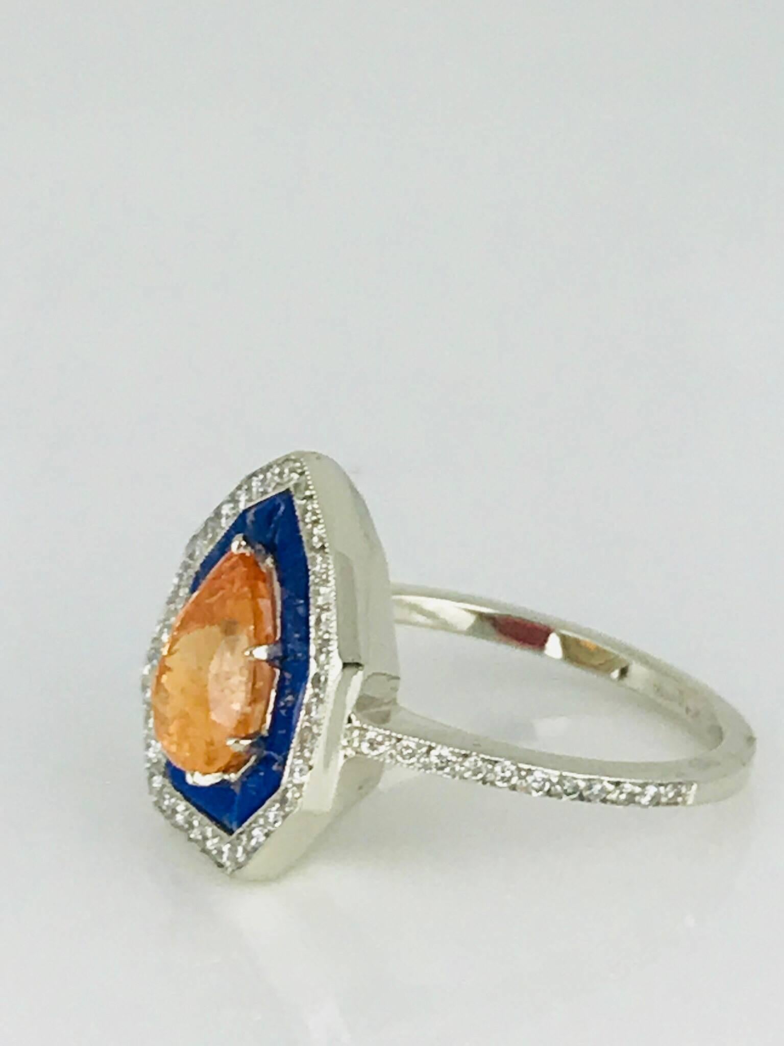 Spessartine Malaia Garnet, Lapis Lazuli, Diamond Halo, Art Deco Ring For Sale 1