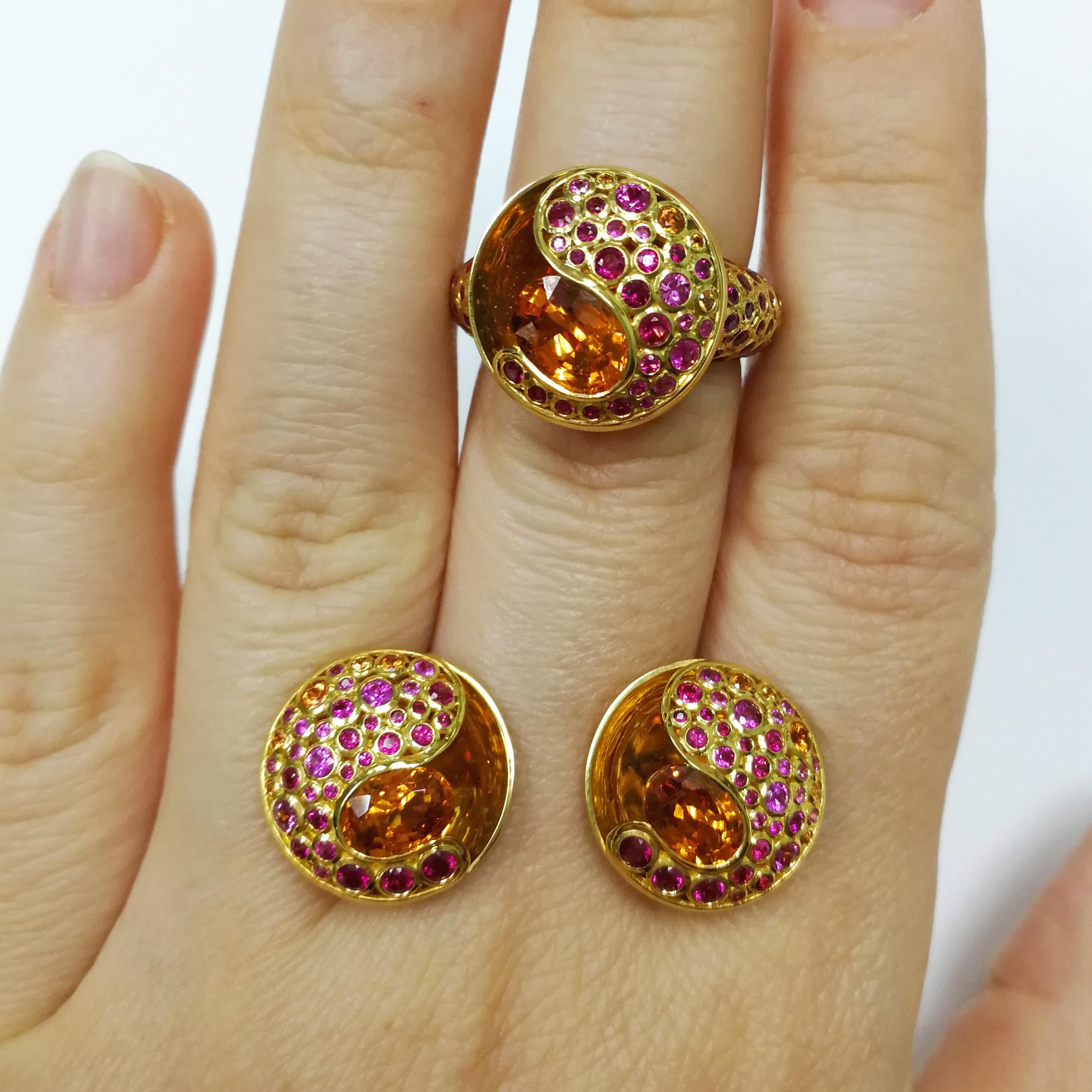 Spessartine Ruby Sapphire 18 Karat Yellow Gold Bubble Suite
Incredibly light and airy Suite from our Bubbles Collection. Yellow 18 Karat Gold is made in the form of variety of small bubbles, some of which have Rubies and Pink and Orange Sapphires