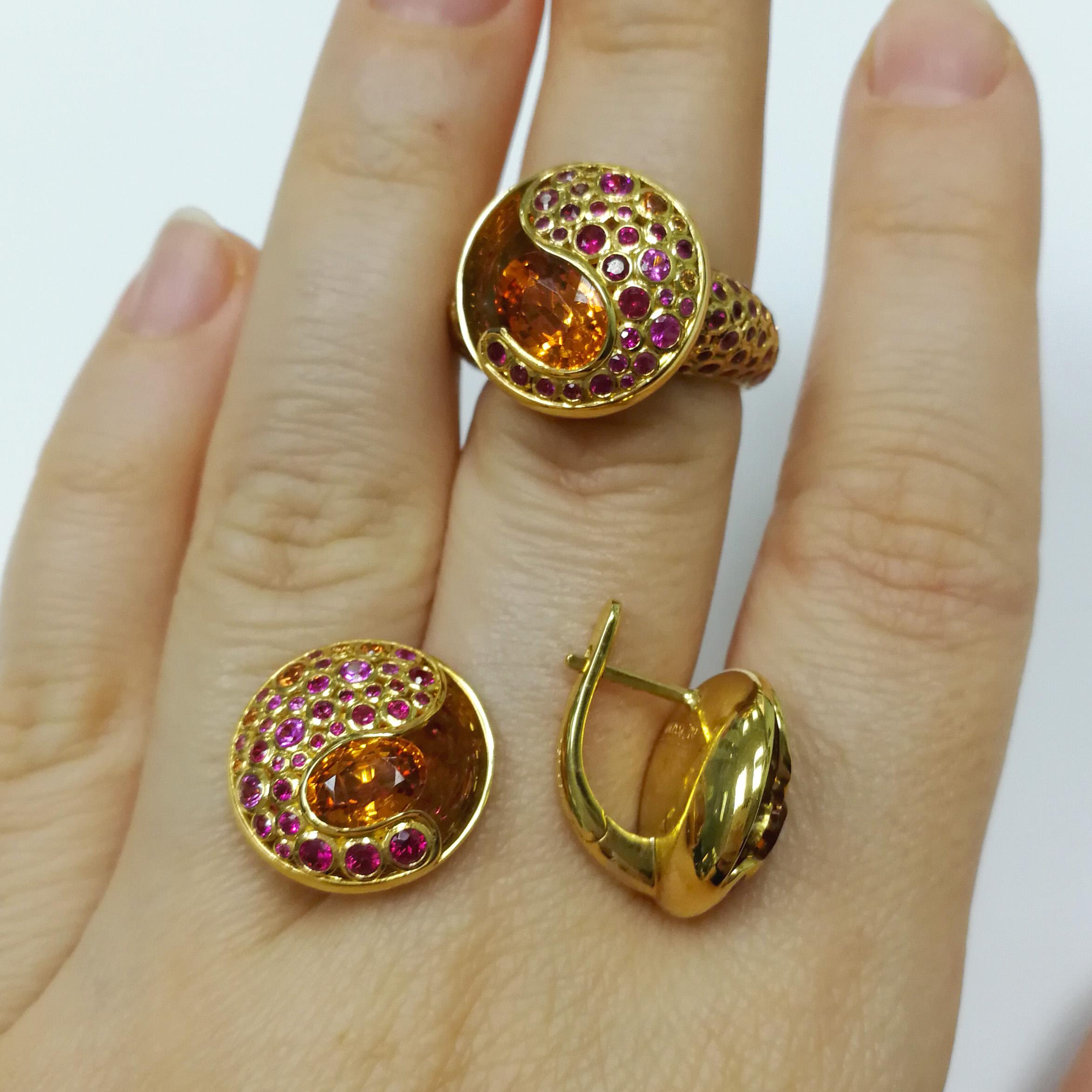 Spessartine Ruby Sapphire 18 Karat Yellow Gold Bubble Suite In New Condition For Sale In Bangkok, TH