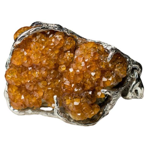Spessartine Silver Pendant Natural Bright Orange Garnet Crystals Raw Gemstone  For Sale 3