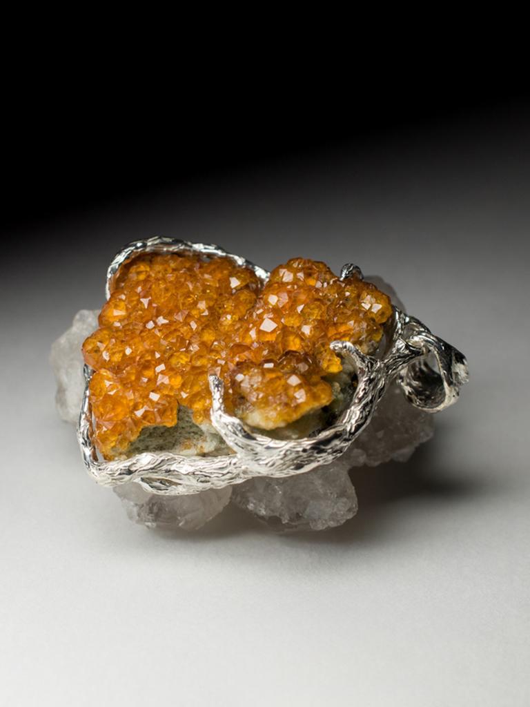 Artisan Spessartine Silver Pendant Natural Bright Orange Garnet Crystals Raw Gemstone  For Sale
