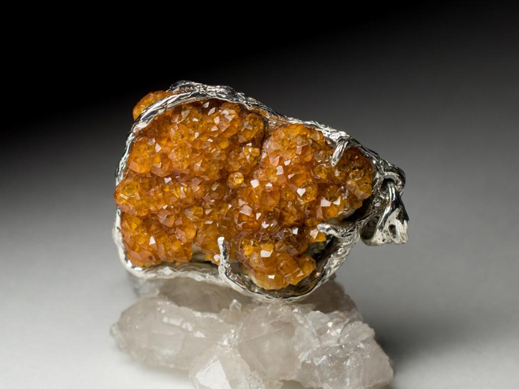 Uncut Spessartine Silver Pendant Natural Bright Orange Garnet Crystals Raw Gemstone  For Sale