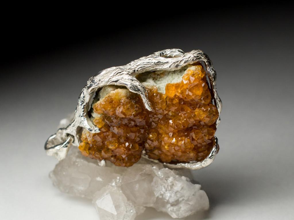 Artisan Spessartine Silver Pendant Natural Bright Orange Garnet Crystals Raw Gemstone  For Sale