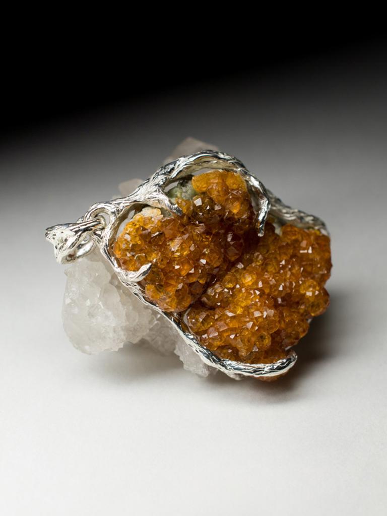 Women's or Men's Spessartine Silver Pendant Natural Bright Orange Garnet Crystals Raw Gemstone  For Sale