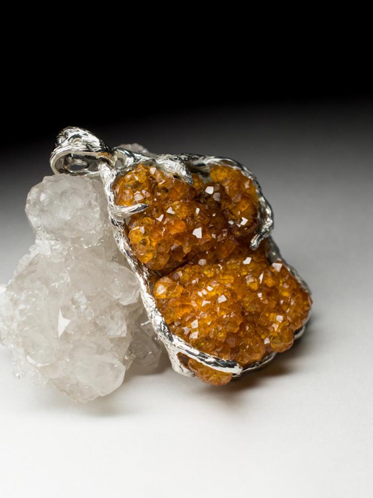 Spessartine Silver Pendant Natural Bright Orange Garnet Crystals Raw Gemstone  For Sale 1
