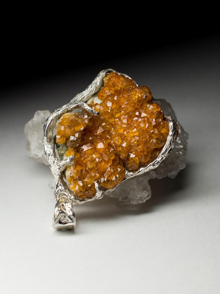 Women's or Men's Spessartine Silver Pendant Natural Bright Orange Garnet Crystals Raw Gemstone  For Sale