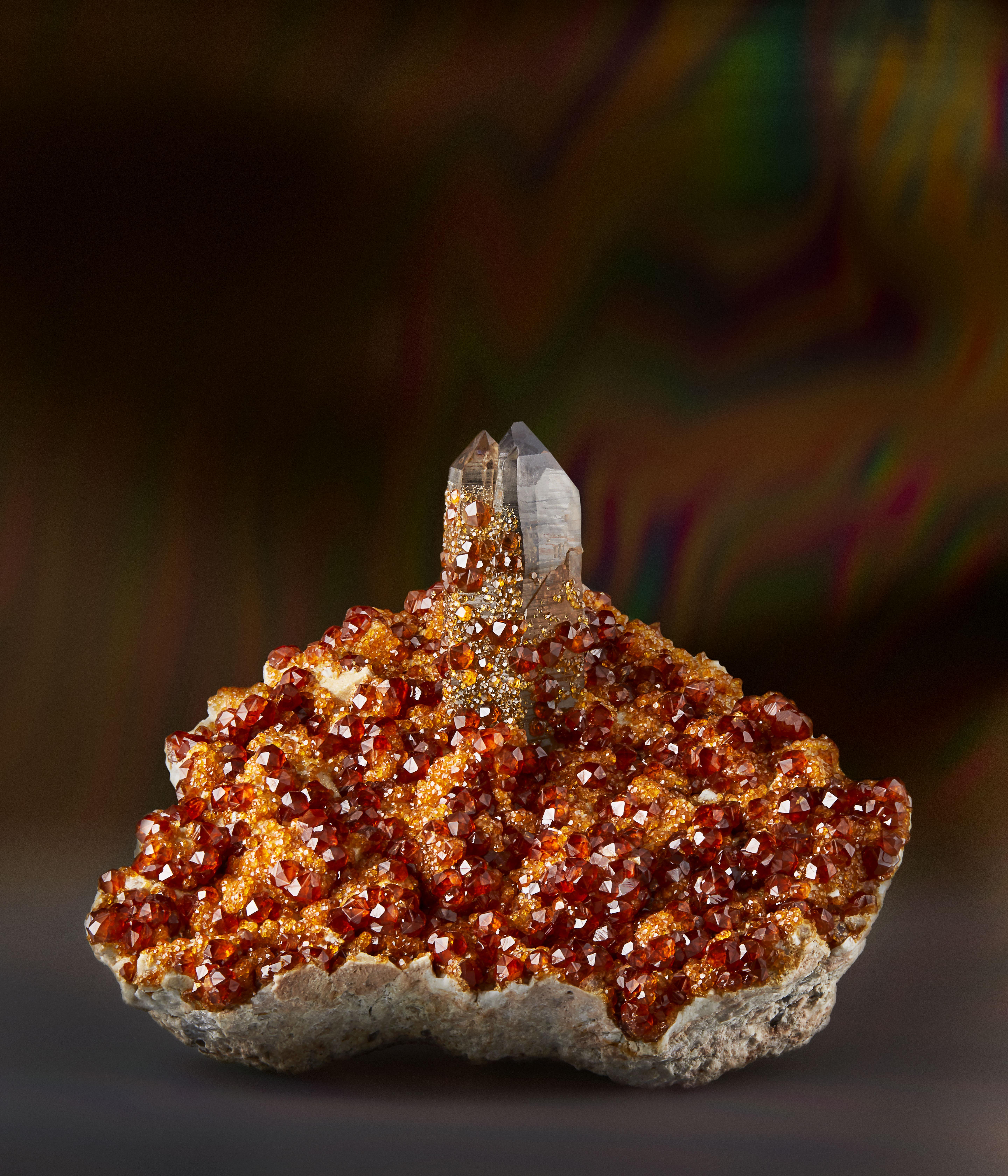 These sharp and brilliant spessartine trapezohedrons with smoky quartz began appearing on the market in early 2000. The Tongbei region is now quite well known as producing some of the finest examples for this combination of species. The gem clear