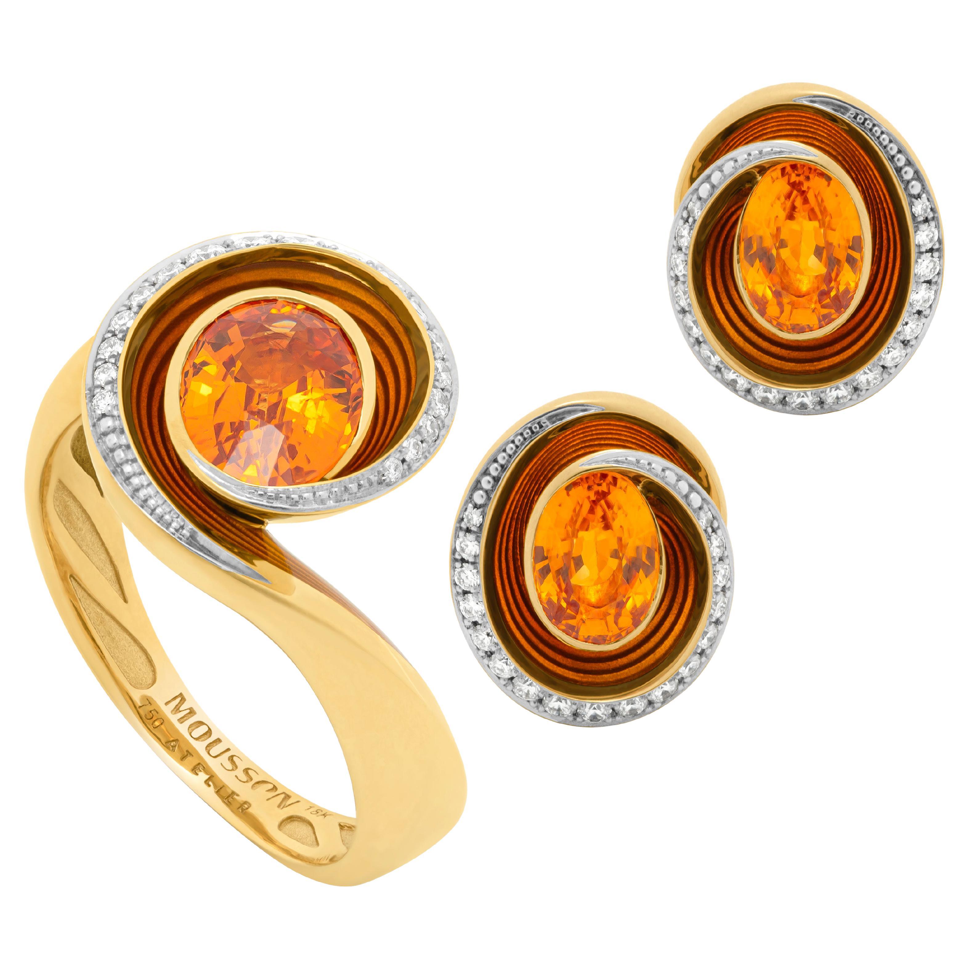 Spessartines Diamonds Enamel 18 Karat Yellow Gold Melted Colors Suite For Sale