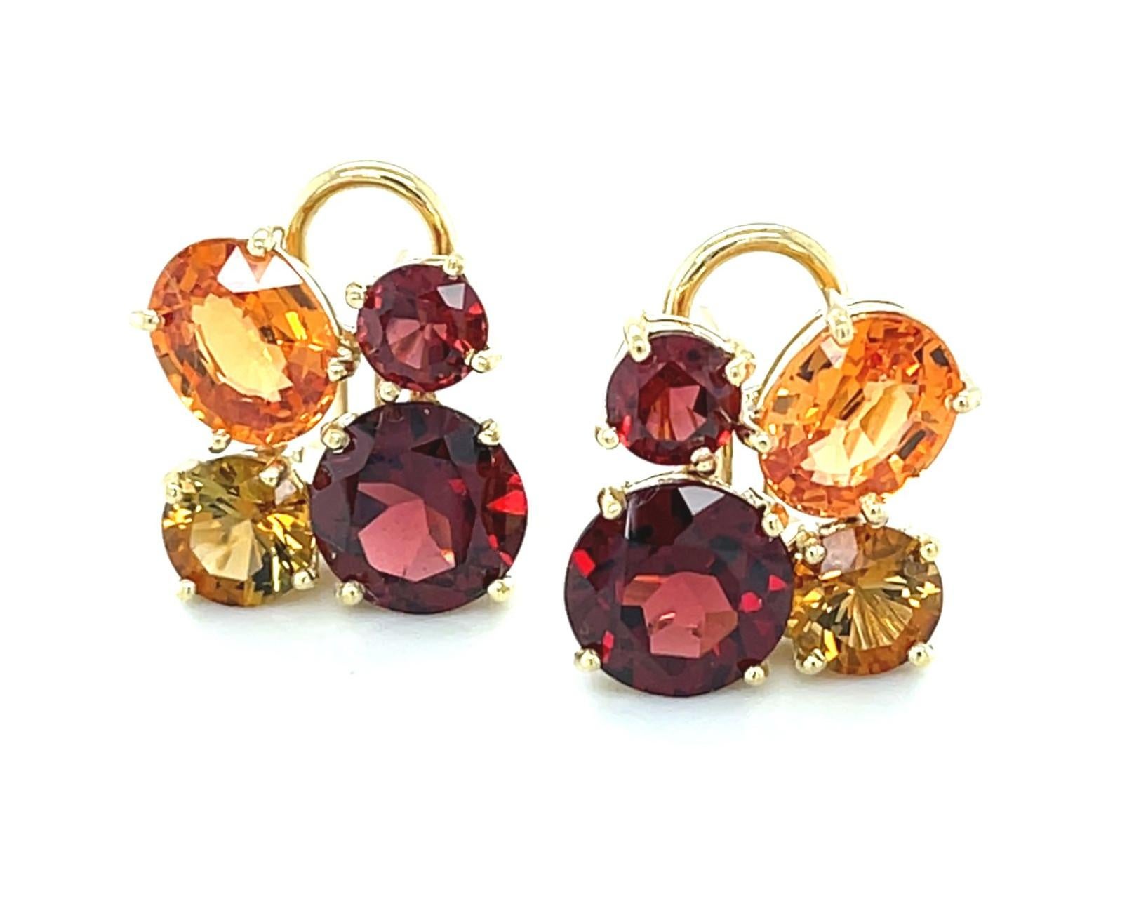 Artisan Spessartite Garnet, Almandite Garnet and Citrine Cluster Earrings in 18k Gold For Sale