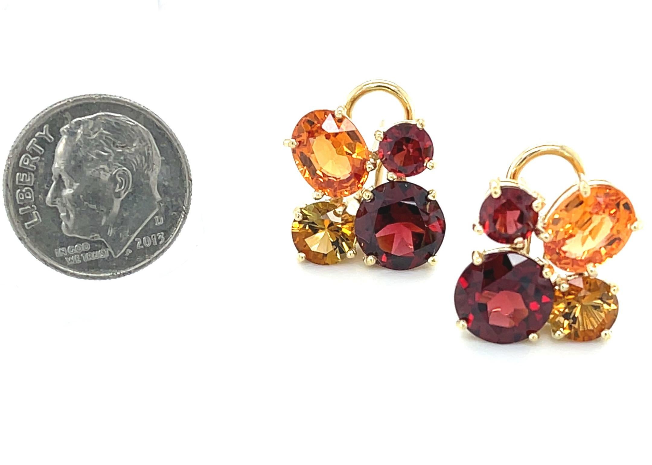 Women's Spessartite Garnet, Almandite Garnet and Citrine Cluster Earrings in 18k Gold For Sale