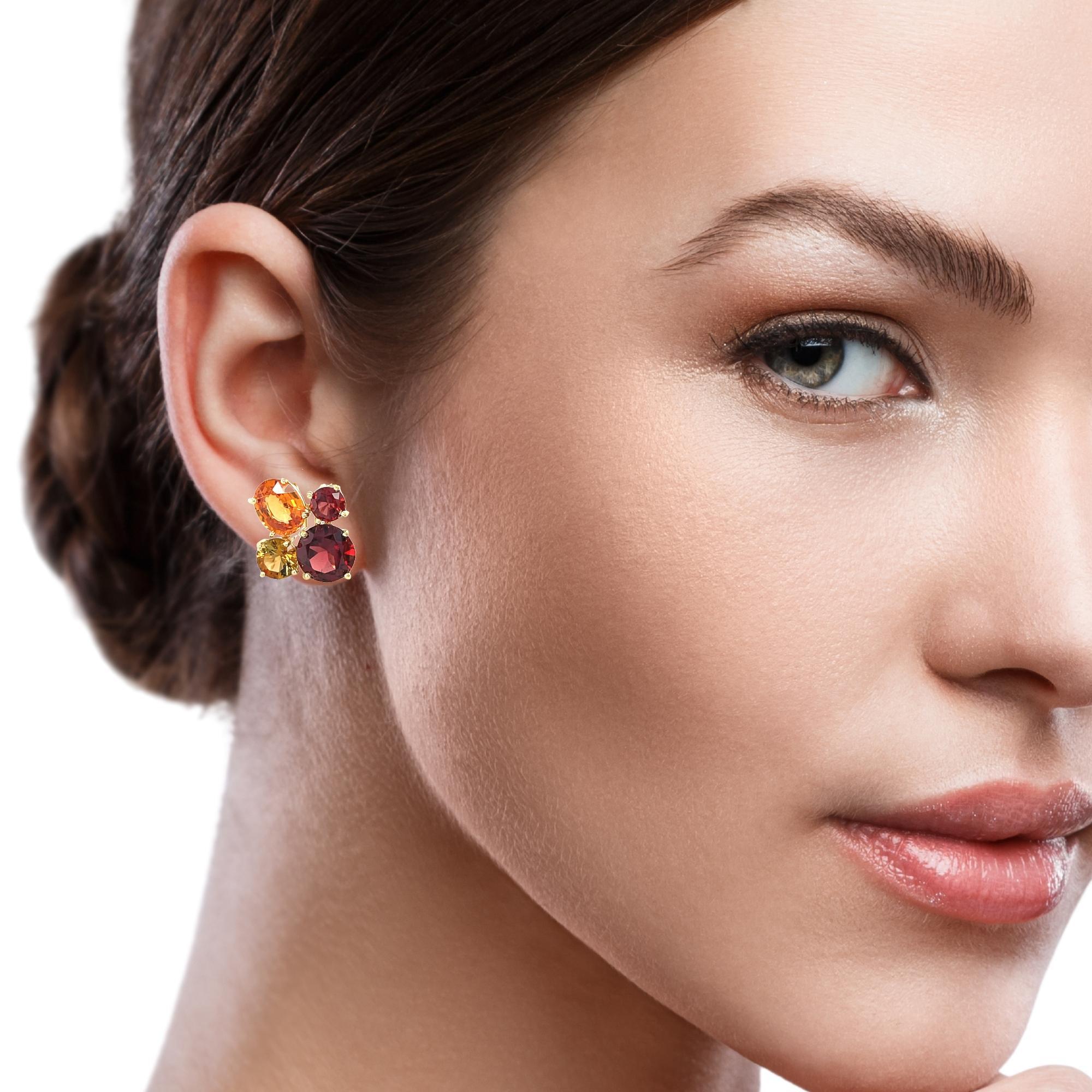 Spessartite Garnet, Almandite Garnet and Citrine Cluster Earrings in 18k Gold For Sale 1