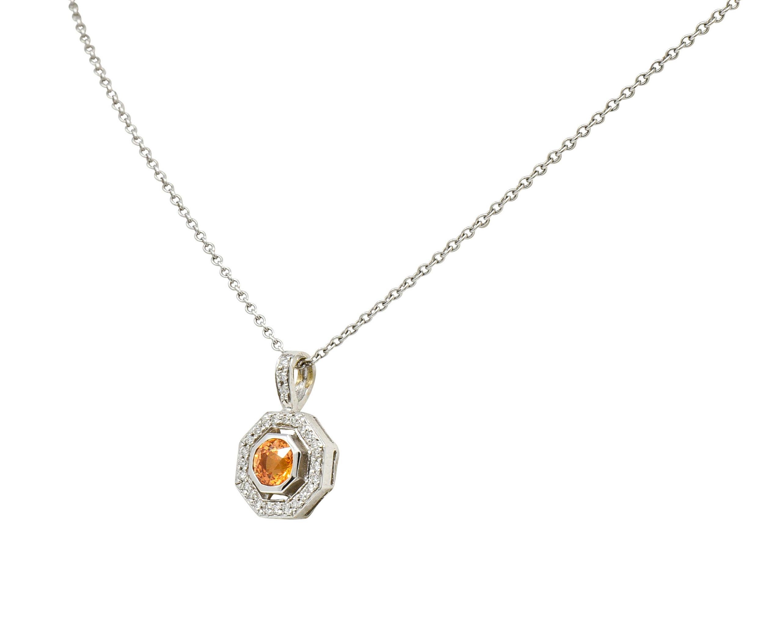 Round Cut Spessartite Garnet Diamond 18 Karat White Gold Octagonal Pendant Necklace