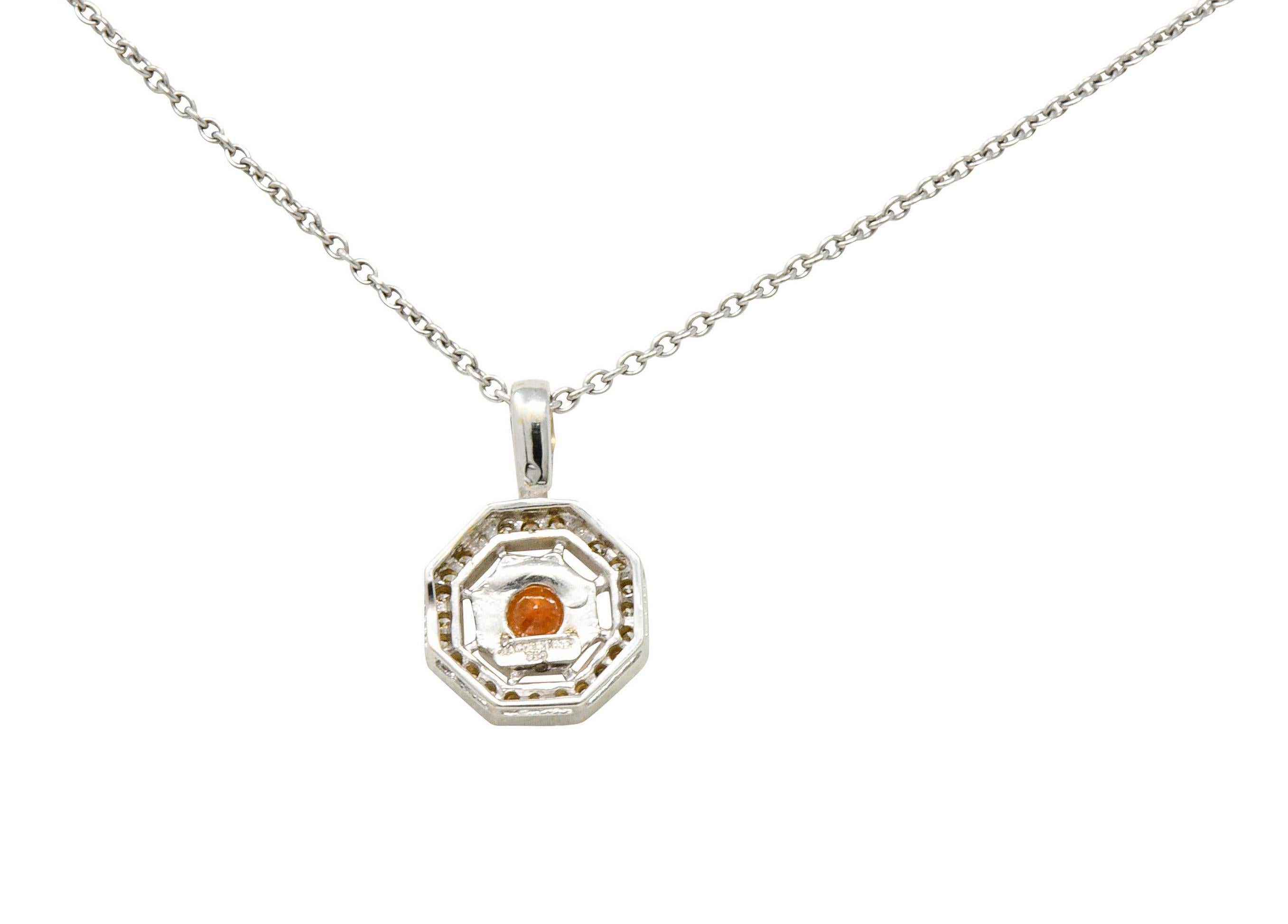 Spessartite Garnet Diamond 18 Karat White Gold Octagonal Pendant Necklace In Excellent Condition In Philadelphia, PA