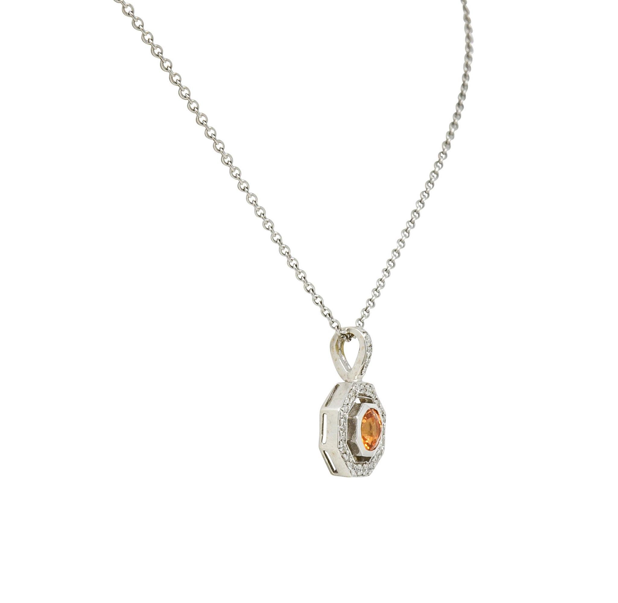 Women's or Men's Spessartite Garnet Diamond 18 Karat White Gold Octagonal Pendant Necklace