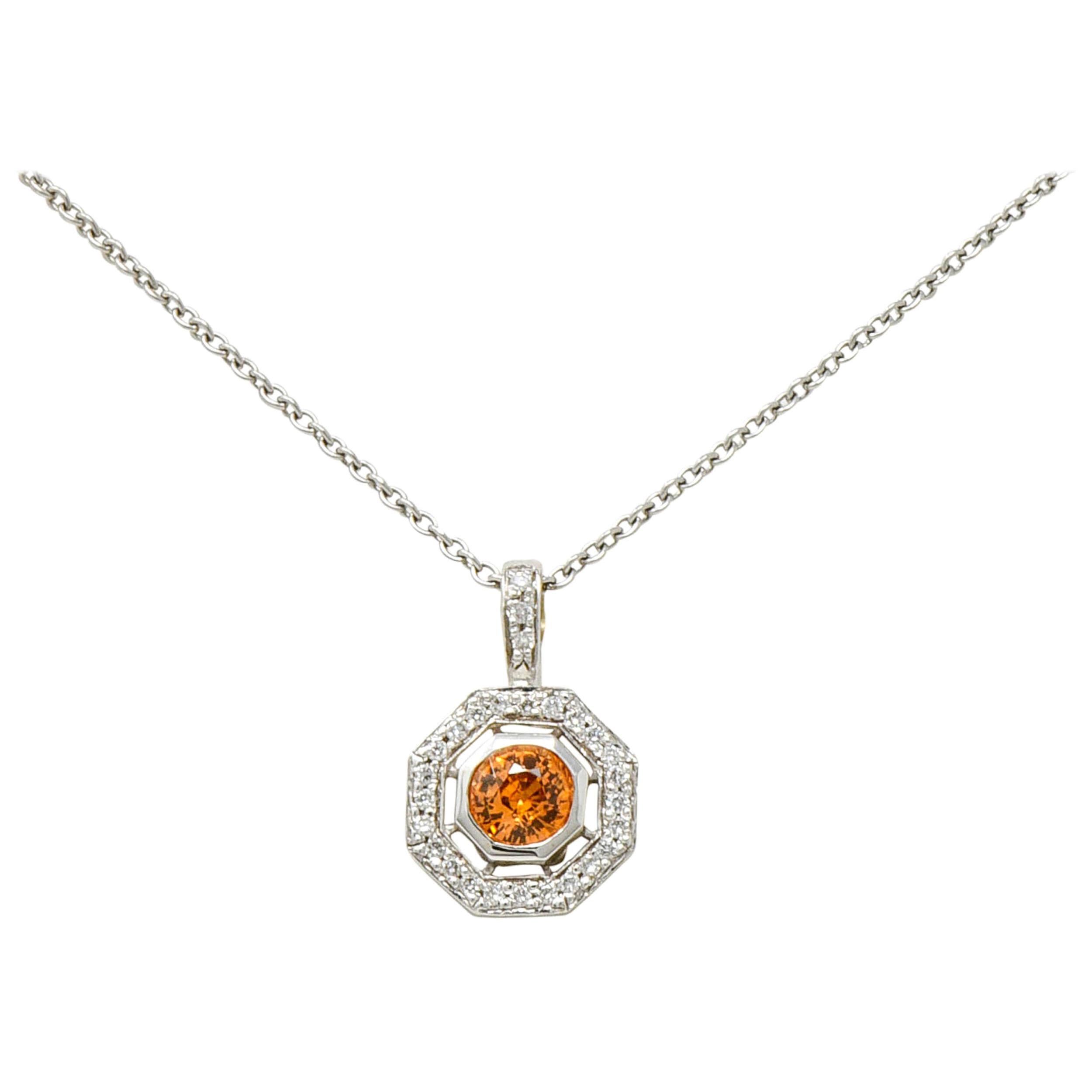 Spessartite Garnet Diamond 18 Karat White Gold Octagonal Pendant Necklace