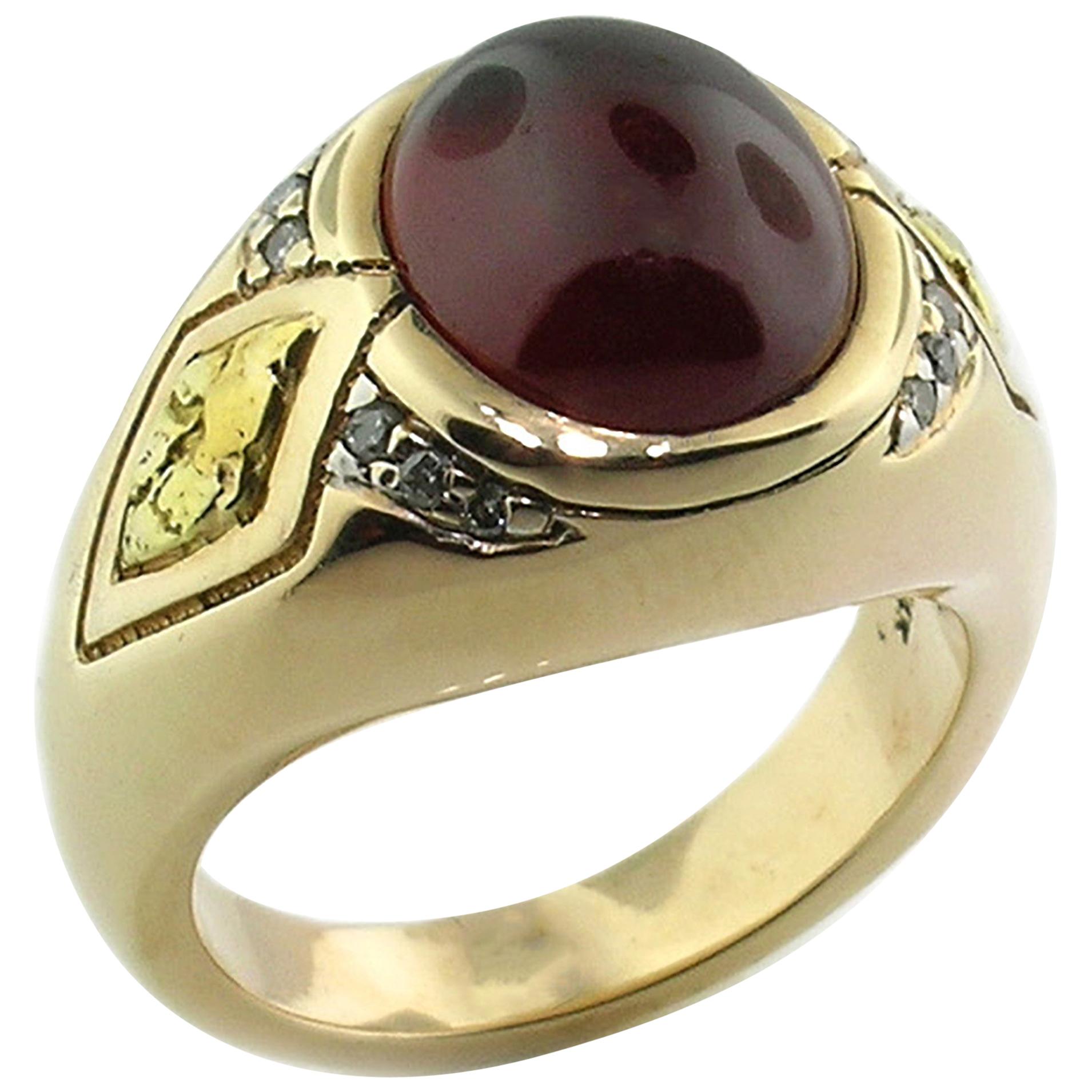 Spessartite Garnet, Diamond and Gold Nugget 14 Karat Men's Ring