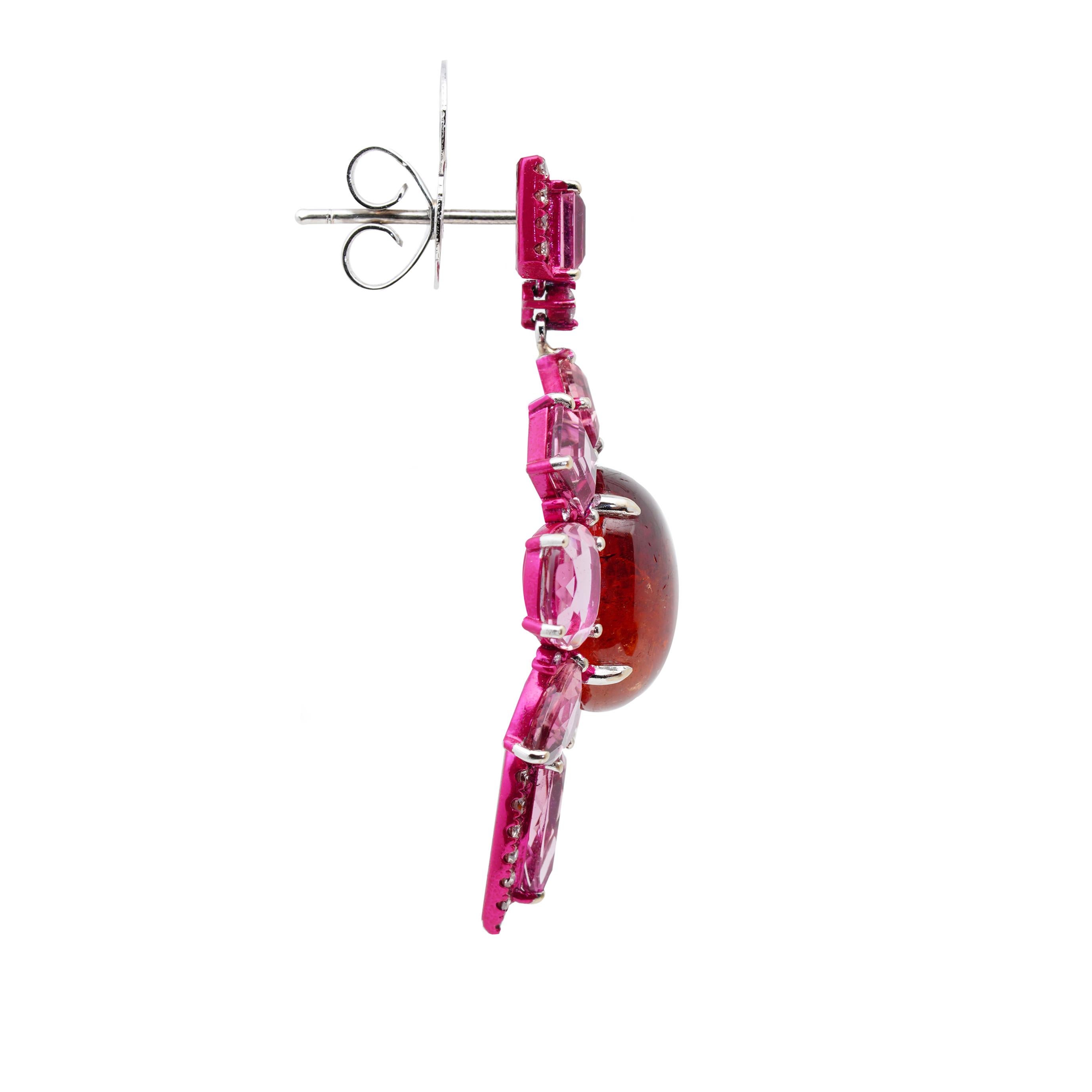This simple yet exquisite pair of Spessartite Garnet and Pink Tourmaline Earrings by Austy Lee is a must-have! This timeless piece is suitable for daily wear. The center stones feature cabochon Spessartite Garnet with approximately 11 carats each,