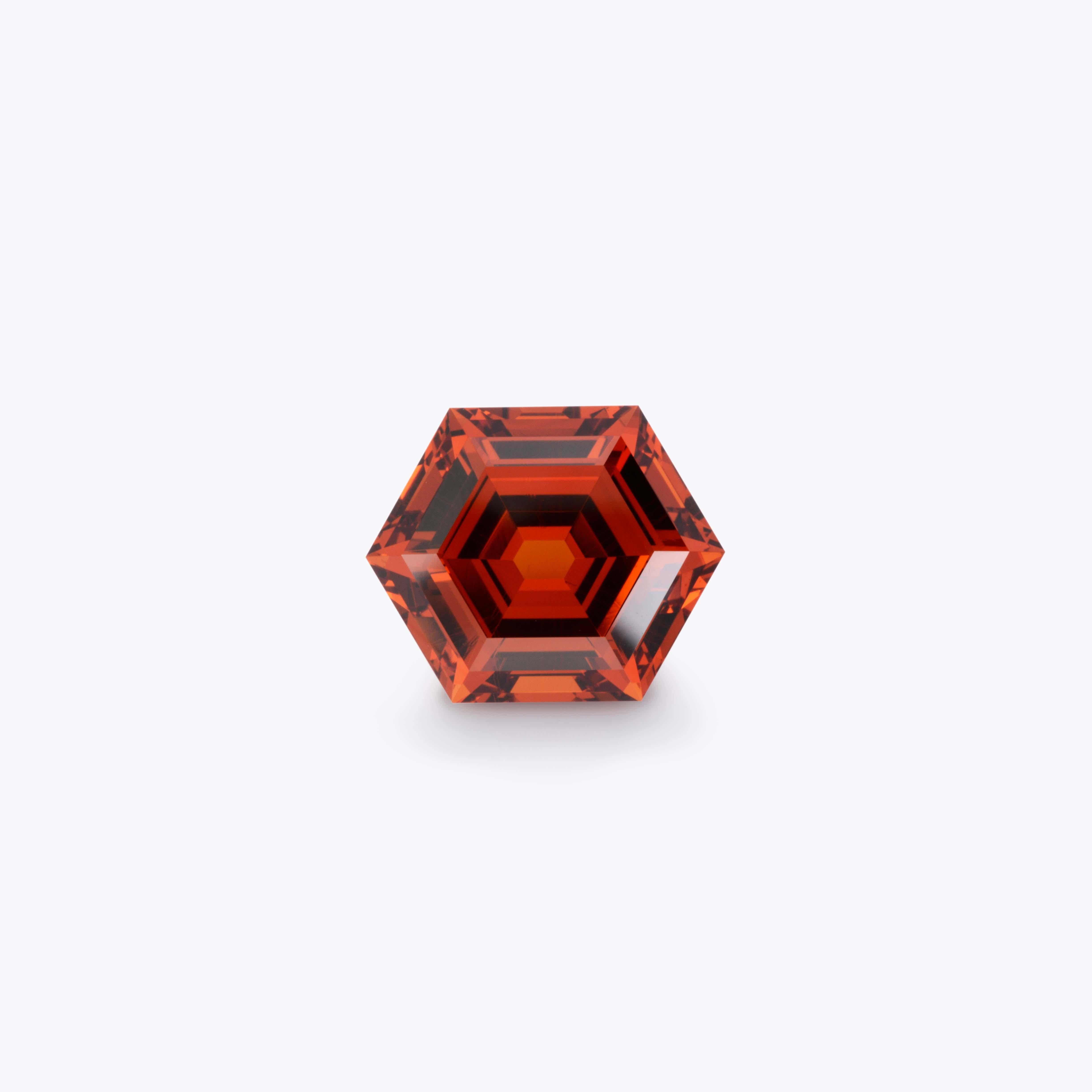 Pristine 9.59 carat Spessartite Garnet Hexagon gem, offered loose to a fine gemstone connoisseur. 
Returns are accepted and paid by us within 7 days of delivery.
We offer supreme custom jewelry work upon request. Please contact us for more