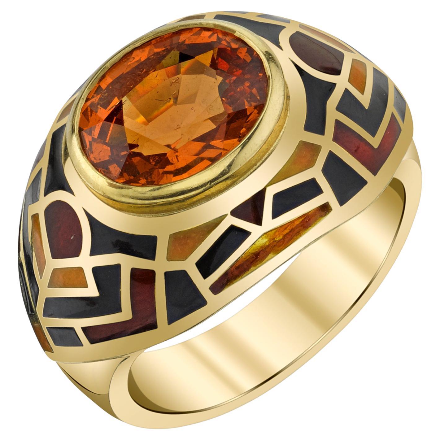 Spessartite Garnet Ring in Gold with Multi-Colored Vitreous Enamel, 5.72 Carats For Sale