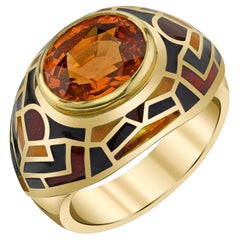 Spessartite Garnet Ring in Gold with Multi-Colored Vitreous Enamel, 5.72 Carats