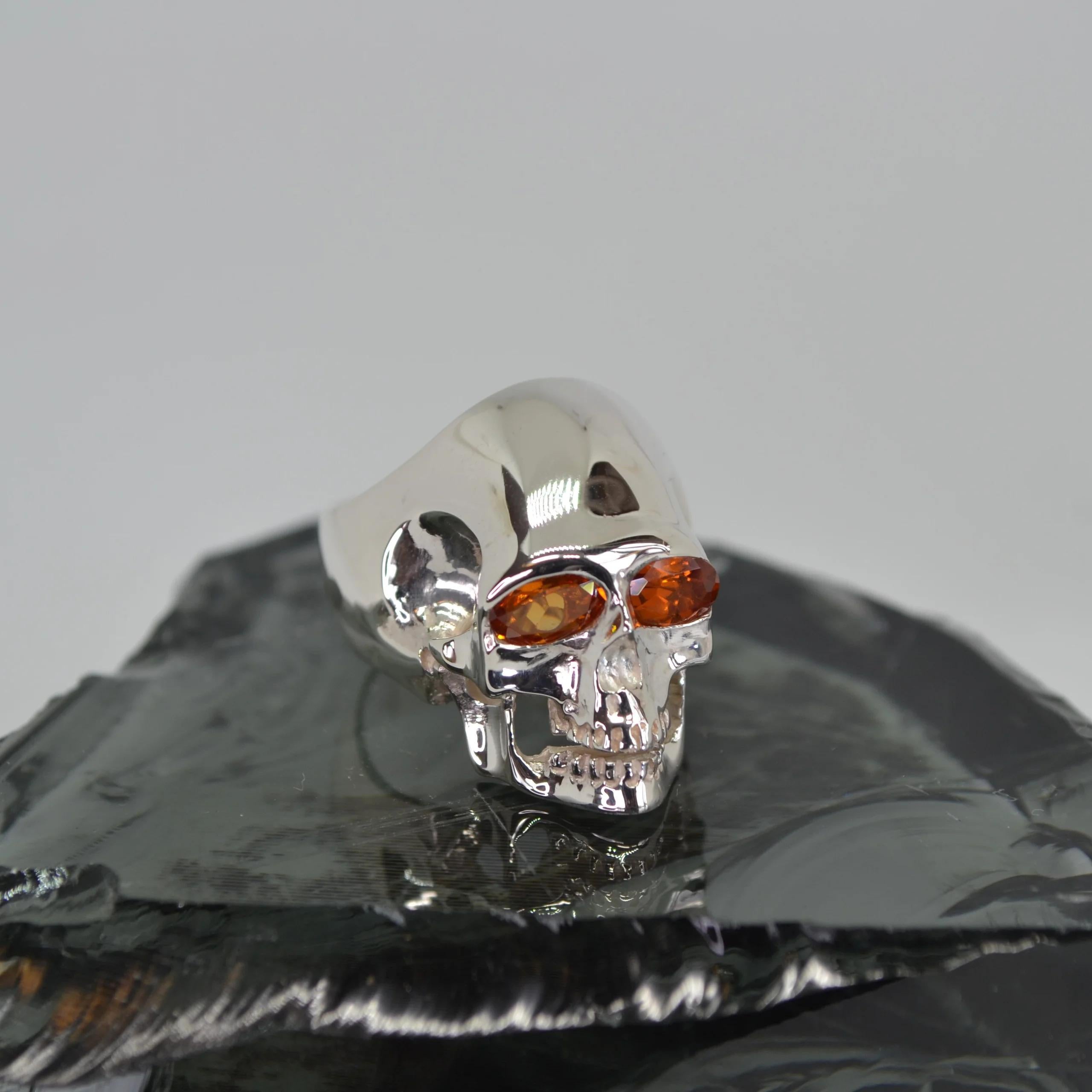Oval Cut Spessartite Garnet Silver Skull Ring For Sale