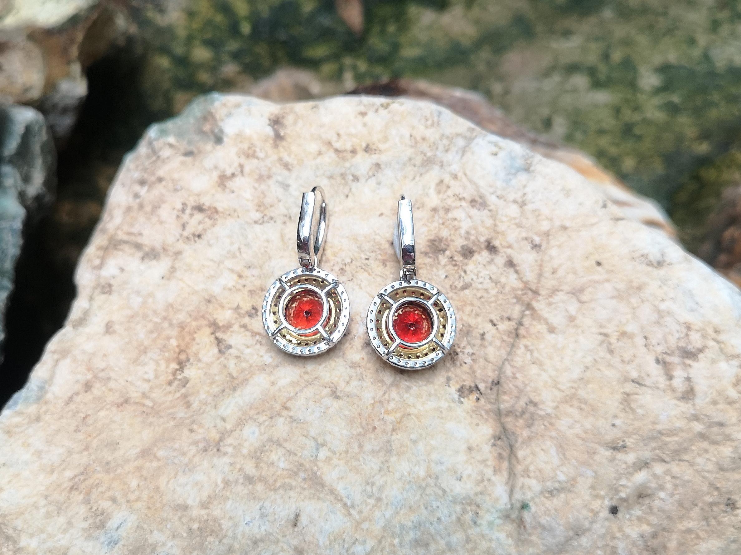Round Cut Spessartite Garnet with Orange Sapphire Diamond Earrings in 18 Karat White Gold For Sale