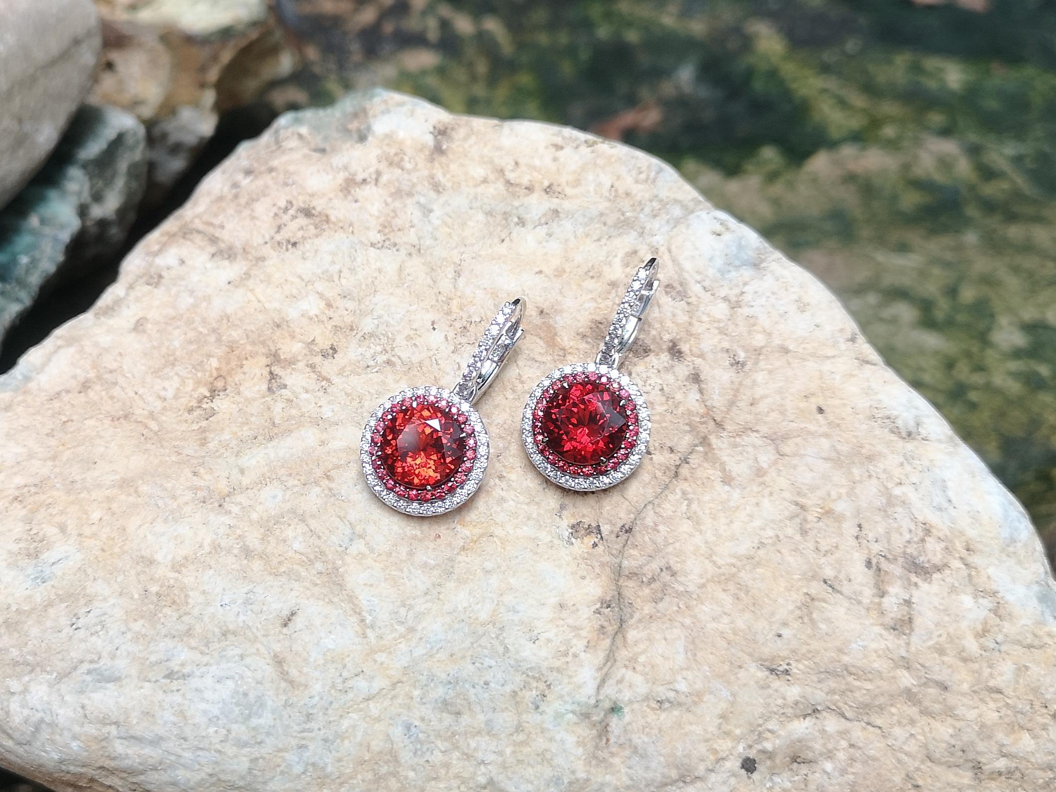 Women's Spessartite Garnet with Orange Sapphire Diamond Earrings in 18 Karat White Gold For Sale