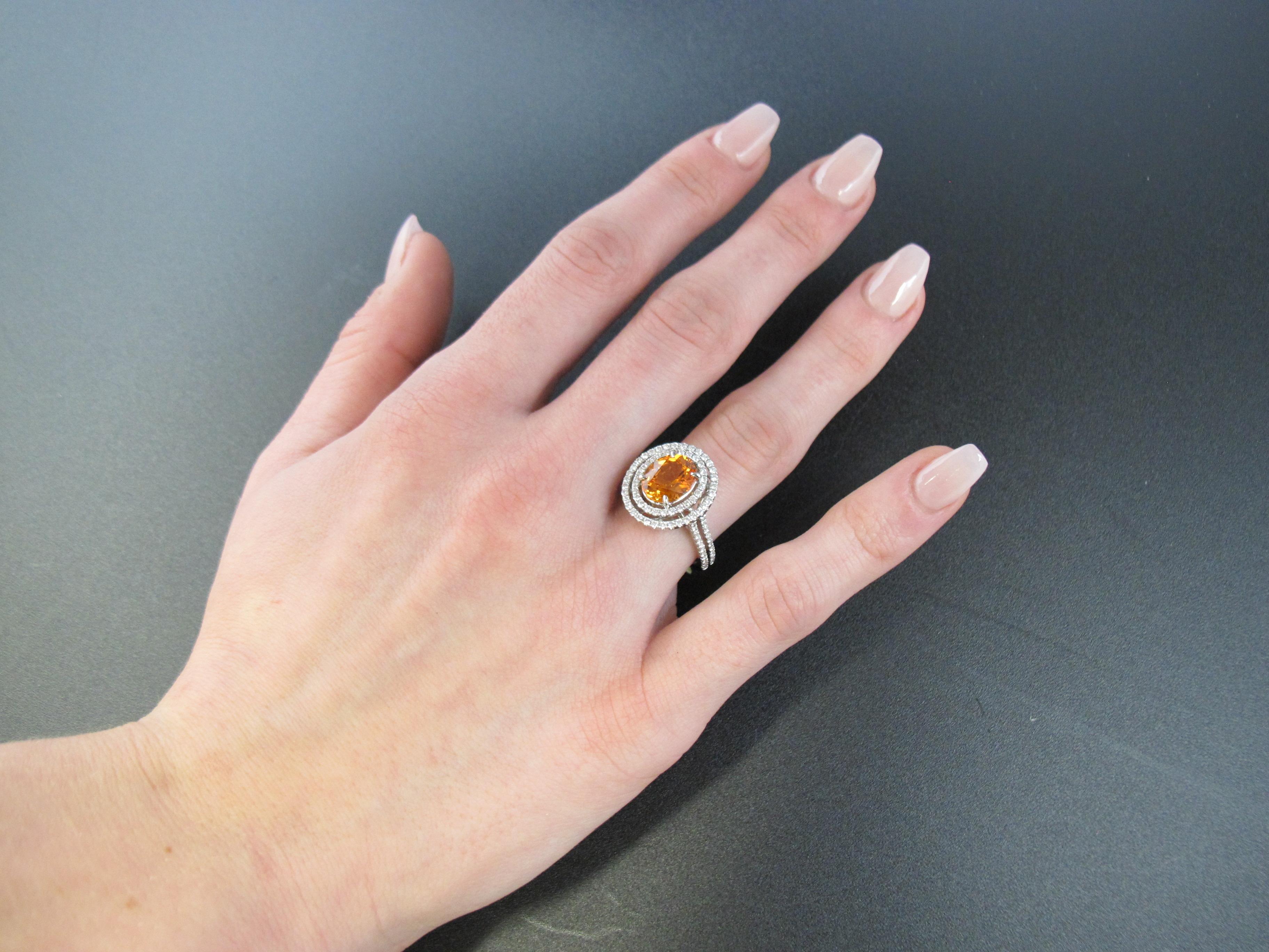 Spessartite Mandarin Garnet and Diamond Double Halo White Gold Cocktail Ring   In New Condition In Los Angeles, CA