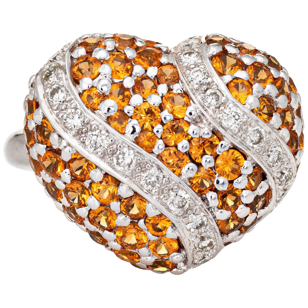 Spessartite Orange Garnet Diamond Heart Ring 18 Karat Gold Dome Cocktail Vintage