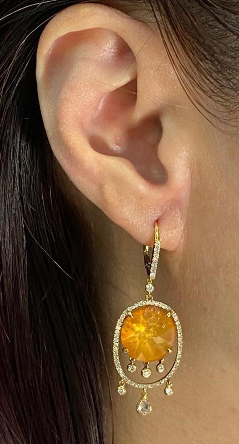 Cabochon Spessartite Rock Crystal Doublet Diamond Dangle Earring in 18 Karat Yellow Gold For Sale