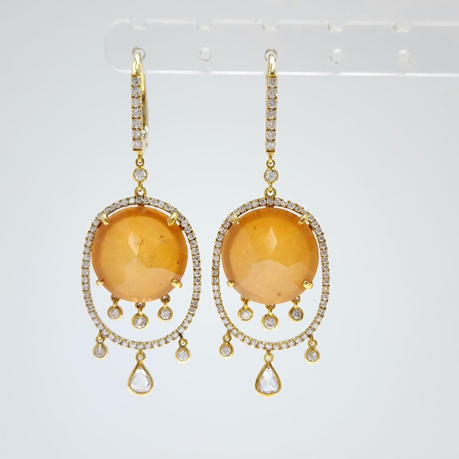 Pendants d'oreilles en or jaune 18 carats avec double diamant en cristal de roche spessartite Pour femmes en vente