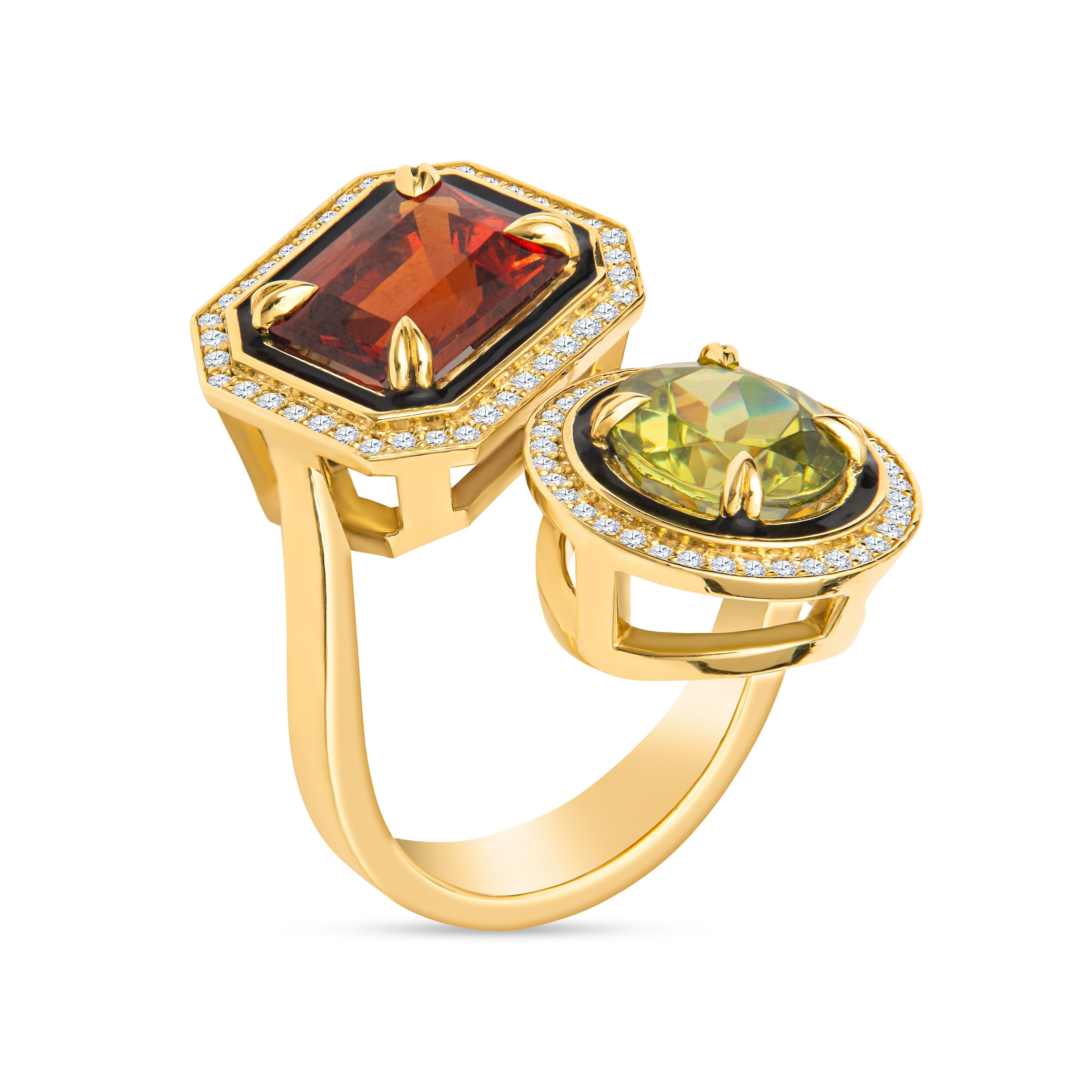 This statement cocktail ring features a 5.21 carat rectangular step cut spessartite garnet in that perfect orange reddish brown tone and a 4 carat round Sphene. It makes quite a statement in the eagle claw setting with the black enamel and diamond