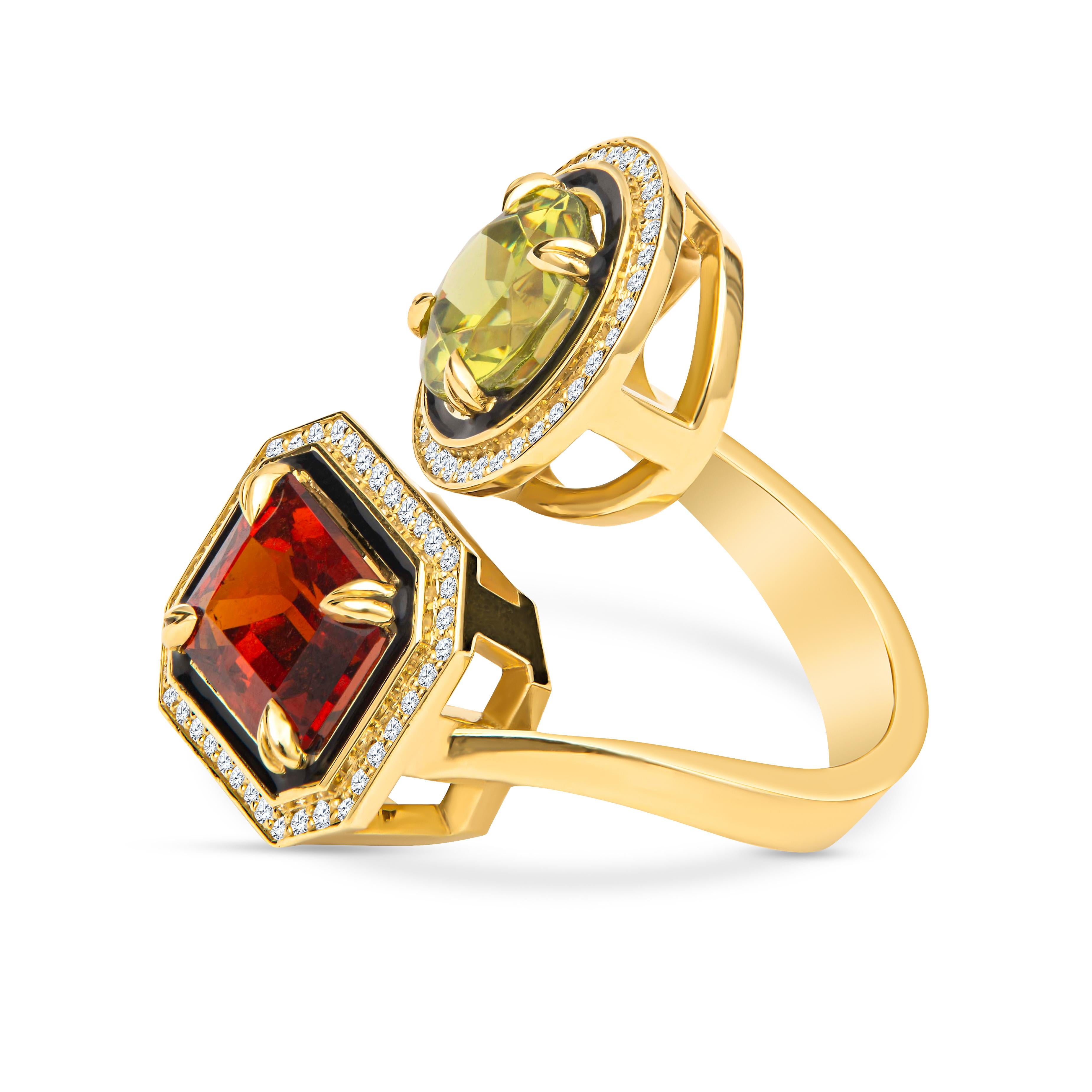 Contemporary Spessartite, Sphene and Diamond Cocktail Ring For Sale