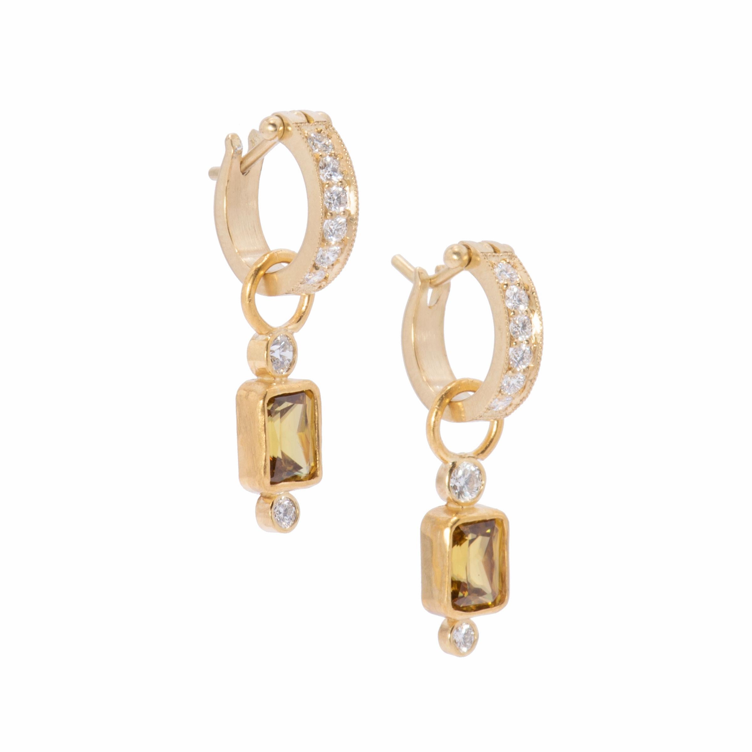 Contemporary Sphene and Diamond Drop Earrings in 18 Karat Gold For Sale