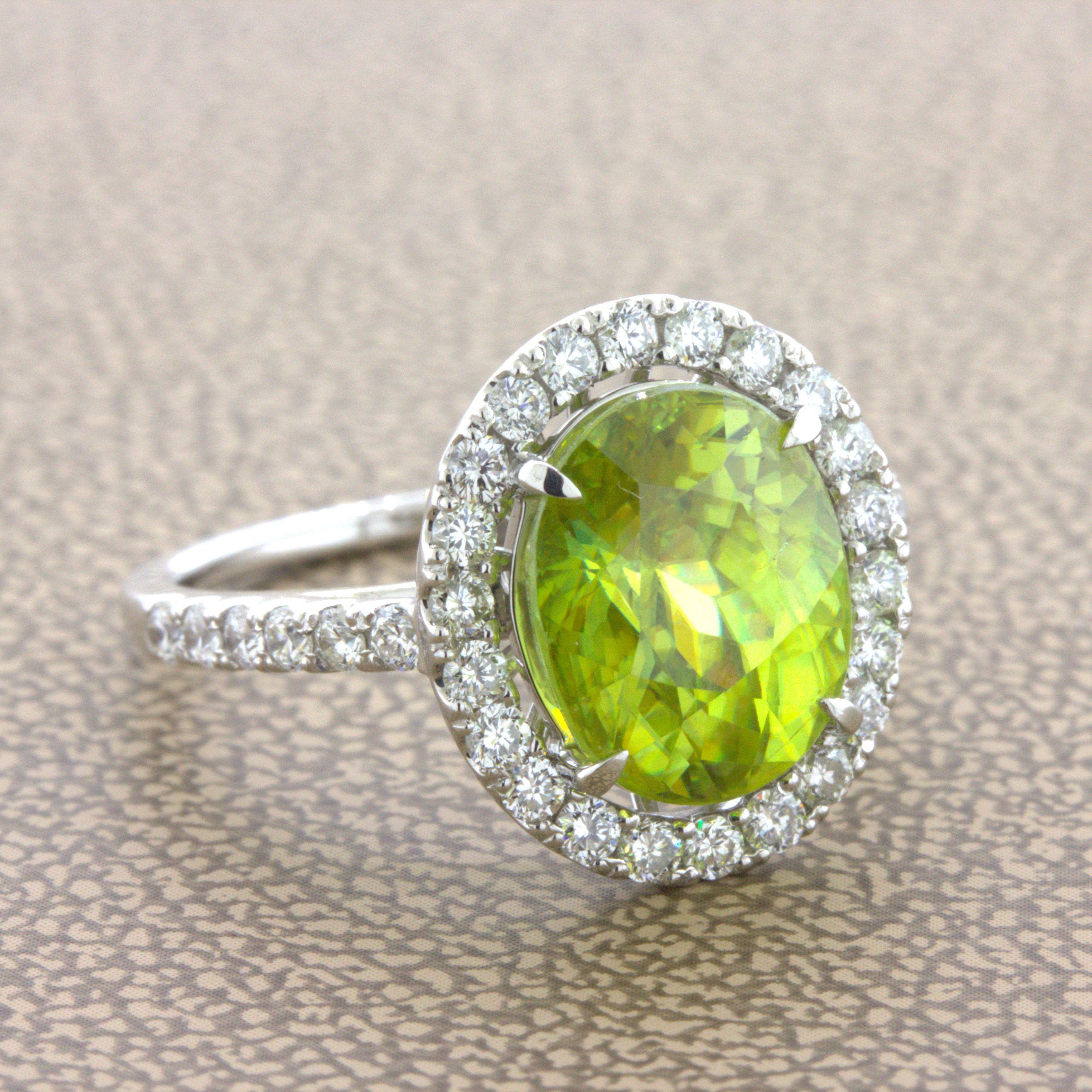 Sphene Diamond Halo Platinum Ring In New Condition For Sale In Beverly Hills, CA