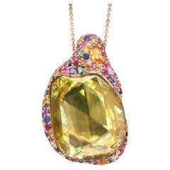 Sphene Pendant Necklace Multicolor Sapphires Diamonds 17.2 Carats 18K Rose Gold