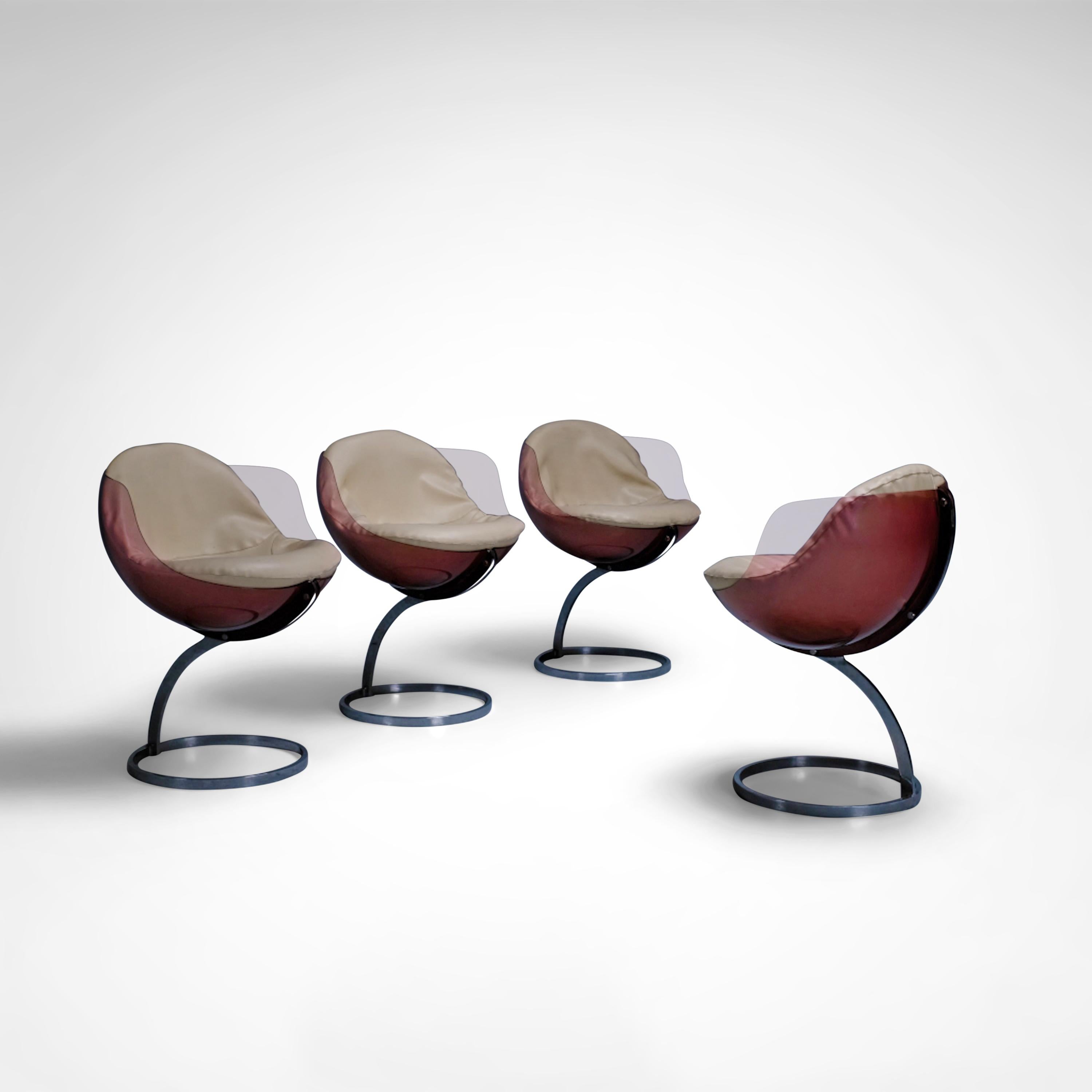 Set of amazing and iconic Sphere chairs by Boris Tabacoff for Mobilier Modulaire Moderne France 1970s in high version, suitable as dining chairs.

The epitome of space age, these amazing brown plexiglass and chromed steel chairs. The plexiglass