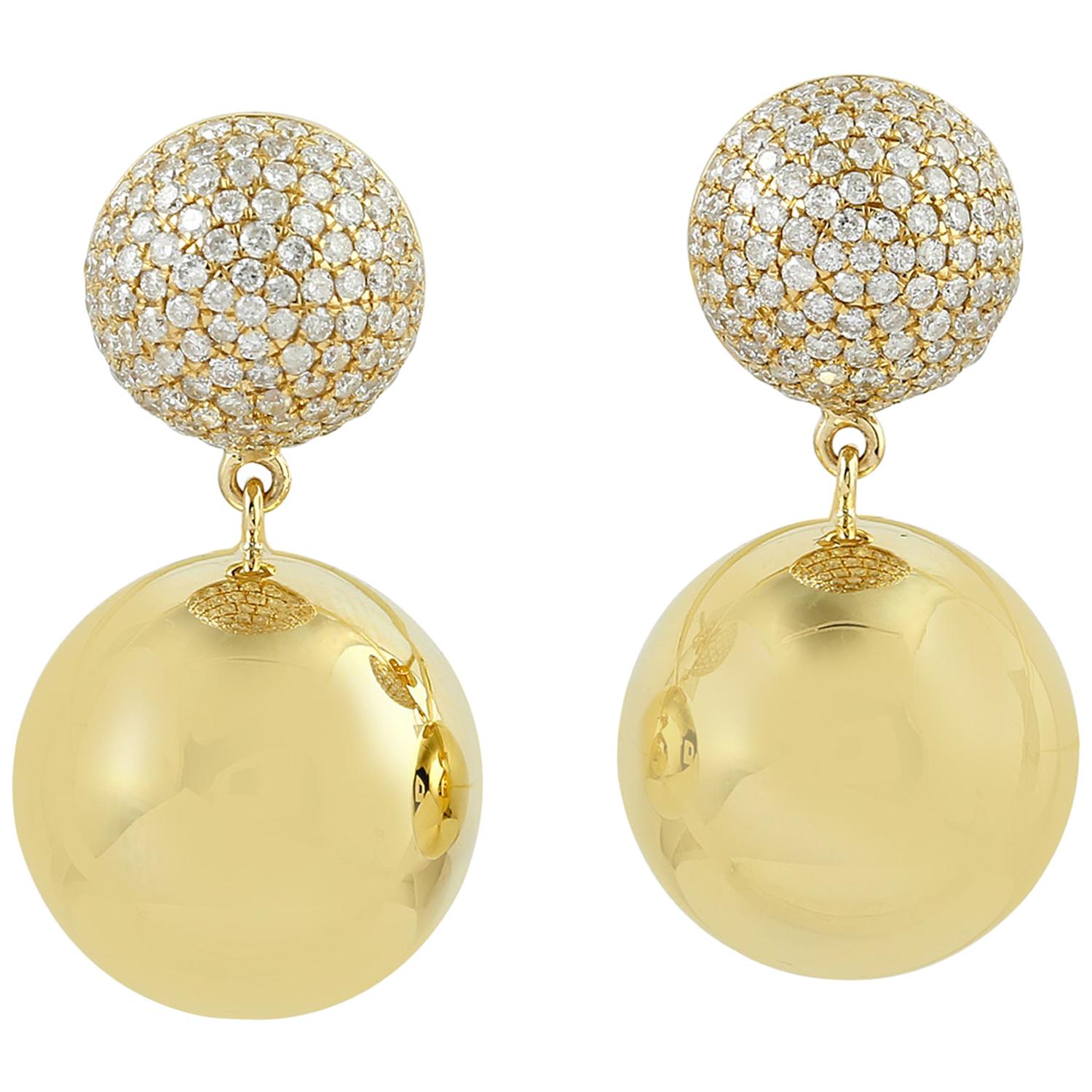 Sphere Diamond 18 Karat Gold Drop Earrings For Sale